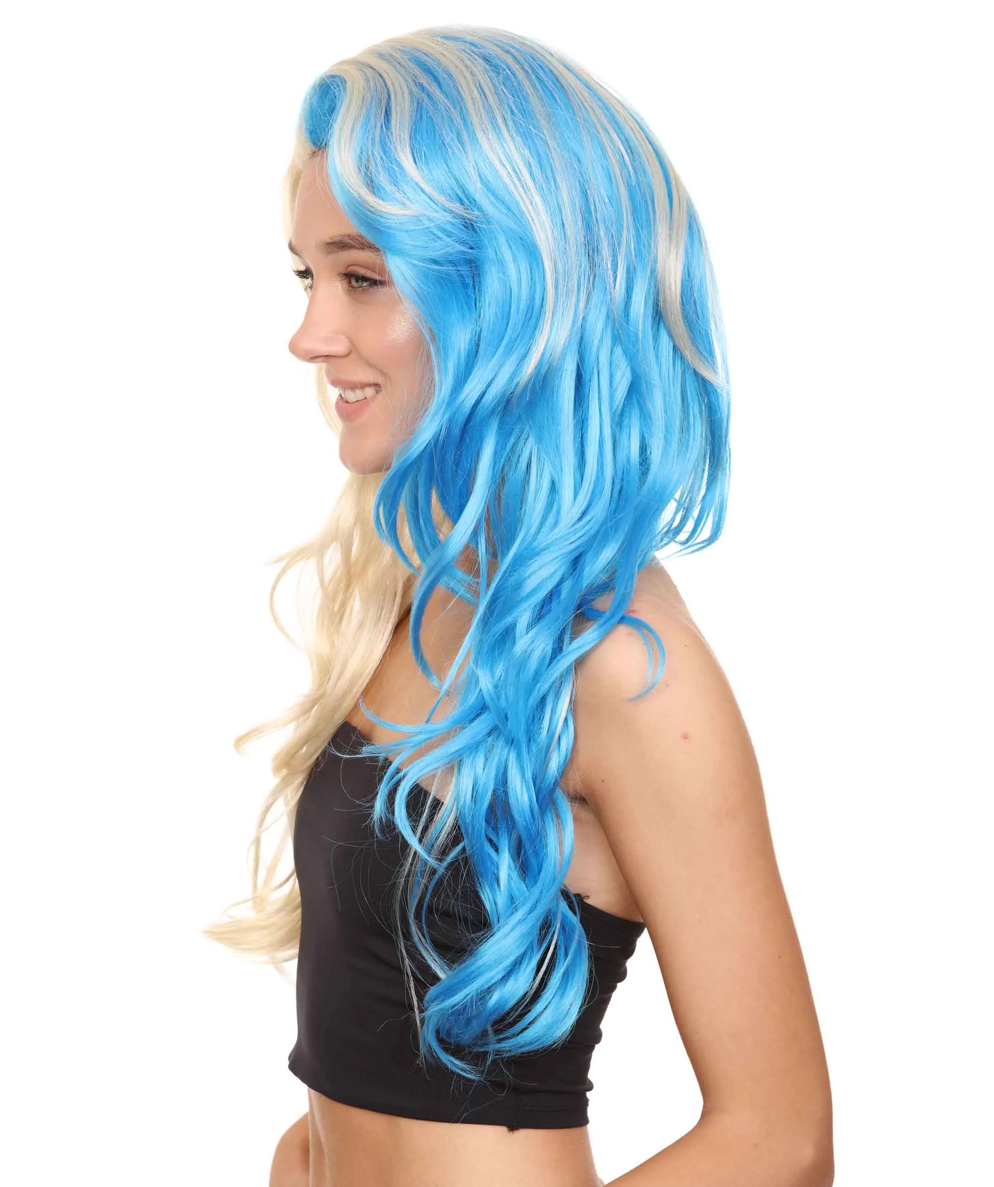 Half Blonde and Half Blue Wig | Fancy Party Event Ready Halloween Wig | Premium Breathable Capless Cap