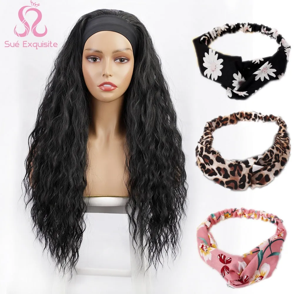 Headband Wig  Water Wavy Wig Synthetic Body Wavy Wig Scarf Wig Glueless  Full Wig Color Black Wavy Wigs