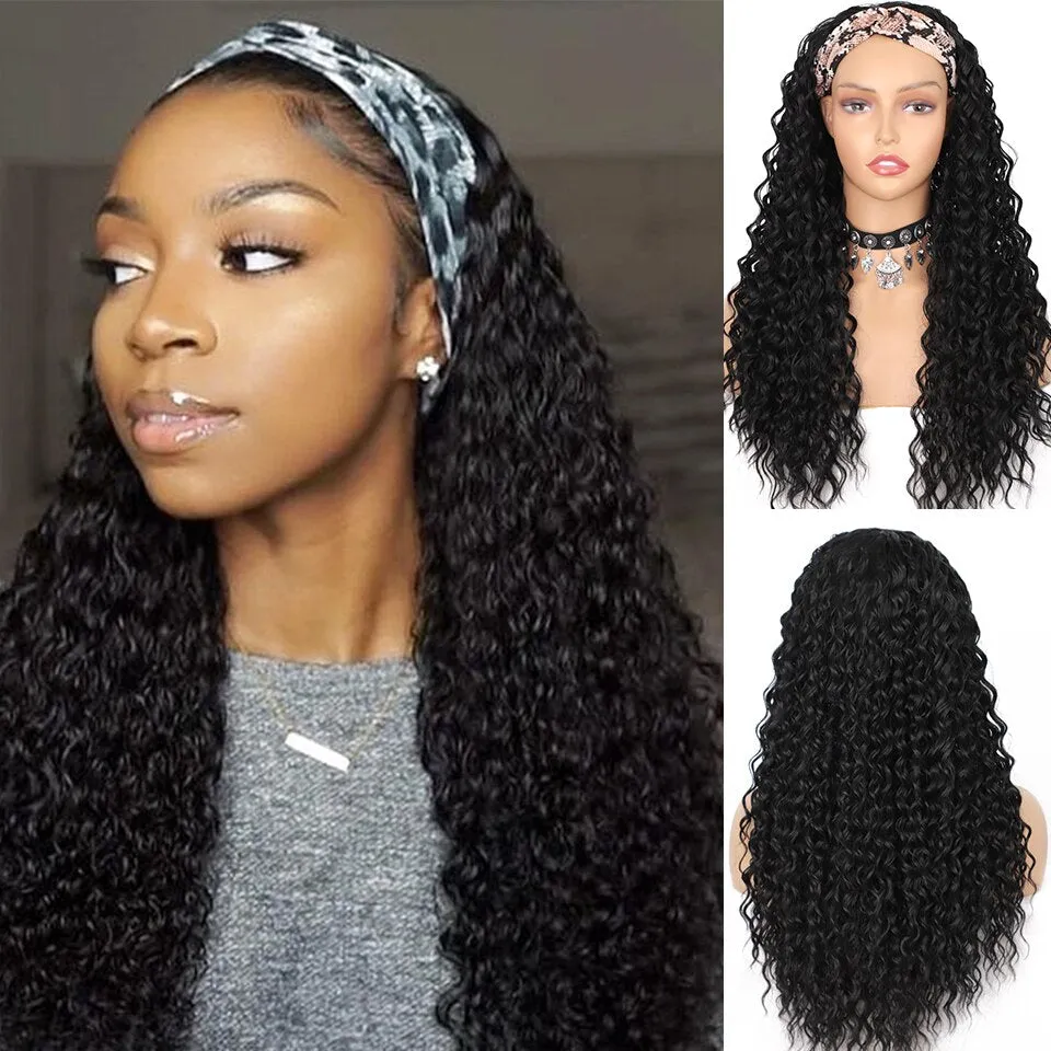 Headband Wig  Water Wavy Wig Synthetic Body Wavy Wig Scarf Wig Glueless  Full Wig Color Black Wavy Wigs