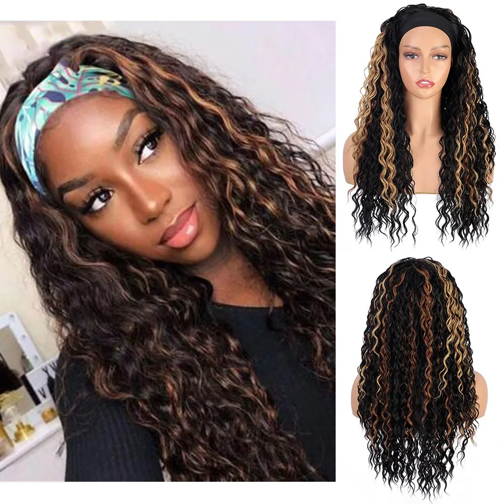Headband Wig  Water Wavy Wig Synthetic Body Wavy Wig Scarf Wig Glueless  Full Wig Color Black Wavy Wigs