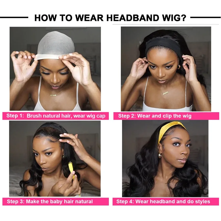 Headband Wig  Water Wavy Wig Synthetic Body Wavy Wig Scarf Wig Glueless  Full Wig Color Black Wavy Wigs