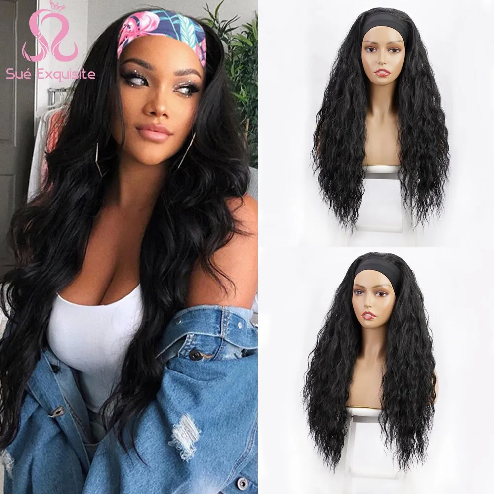 Headband Wig  Water Wavy Wig Synthetic Body Wavy Wig Scarf Wig Glueless  Full Wig Color Black Wavy Wigs