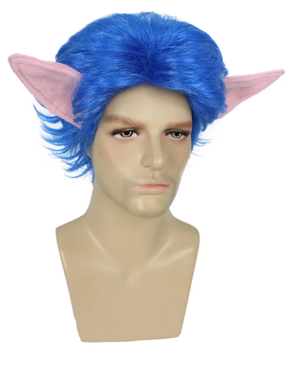 HPO Adult Men's blue wig with ear, perfect for Halloween, Flame-retardant synthetic fiber