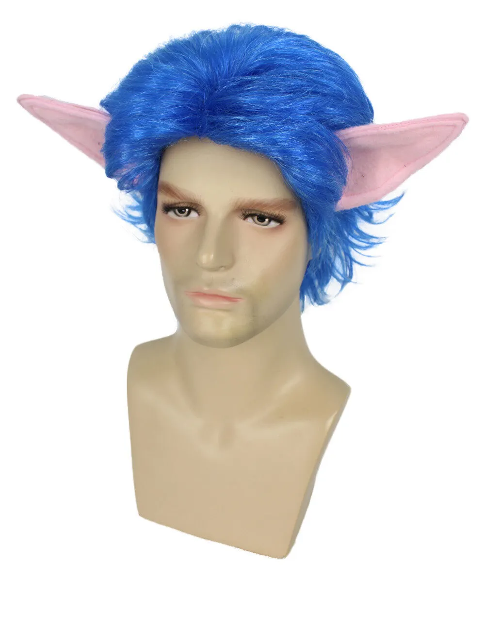 HPO Adult Men's blue wig with ear, perfect for Halloween, Flame-retardant synthetic fiber