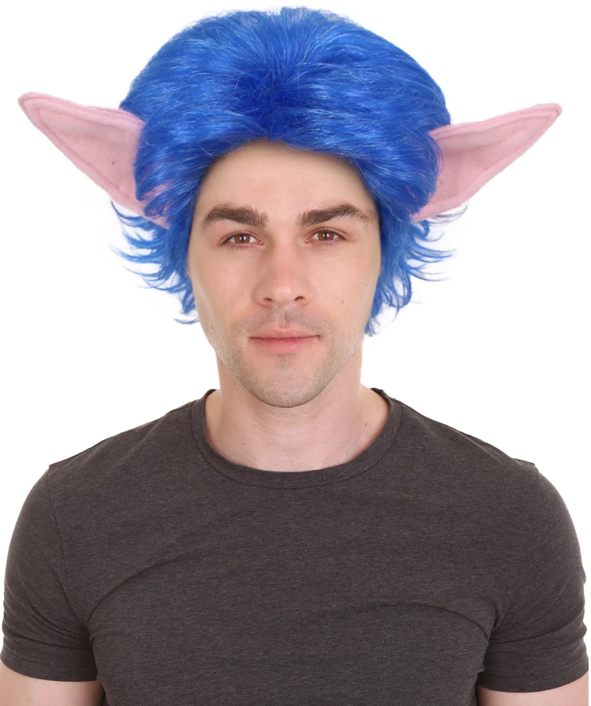 HPO Adult Men's blue wig with ear, perfect for Halloween, Flame-retardant synthetic fiber
