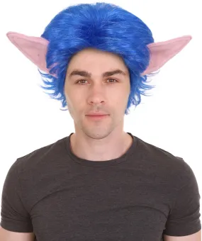 HPO Adult Men's blue wig with ear, perfect for Halloween, Flame-retardant synthetic fiber