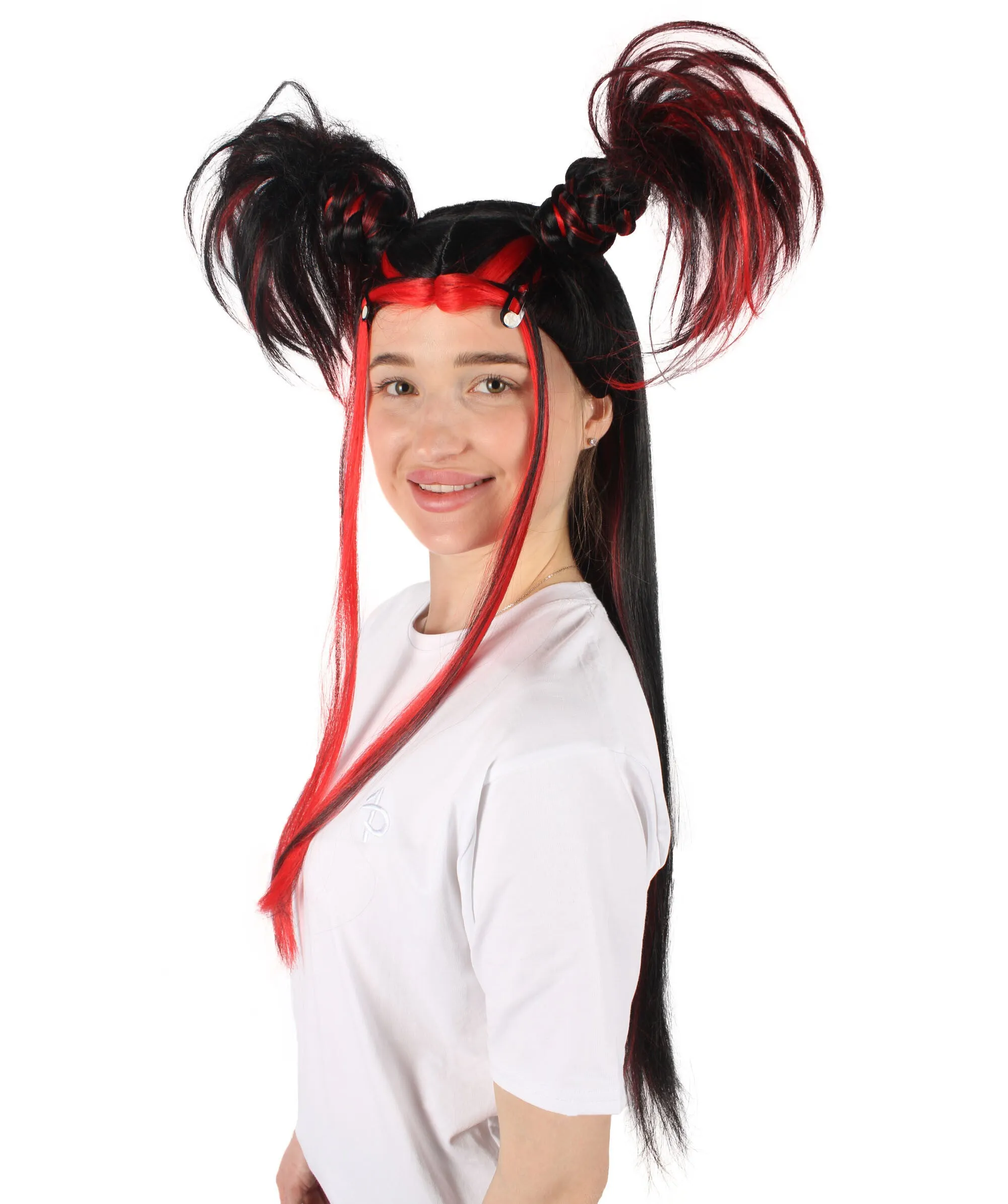 HPO Adult Women's 90’s Double Brat Black Cosplay Wig I Perfect for Halloween I Flame-retardant Synthetic Fiber