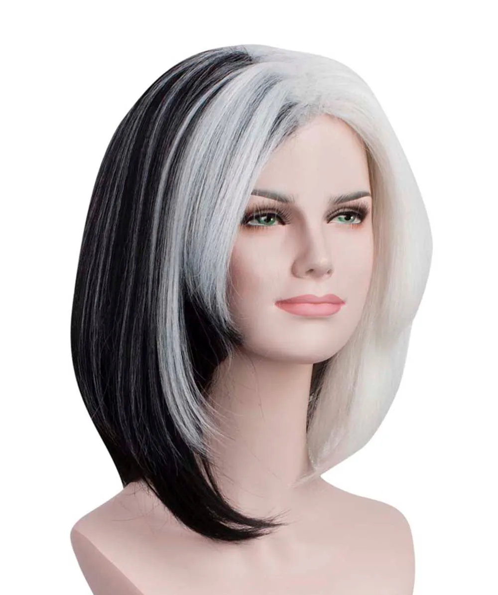 HPO Adult Women's Black & White Spot Wig, Perfect for Halloween, Flame-retardant Synthetic Fiber