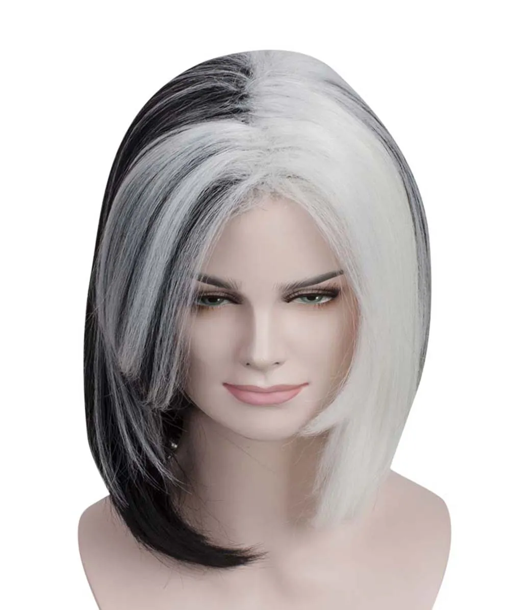 HPO Adult Women's Black & White Spot Wig, Perfect for Halloween, Flame-retardant Synthetic Fiber