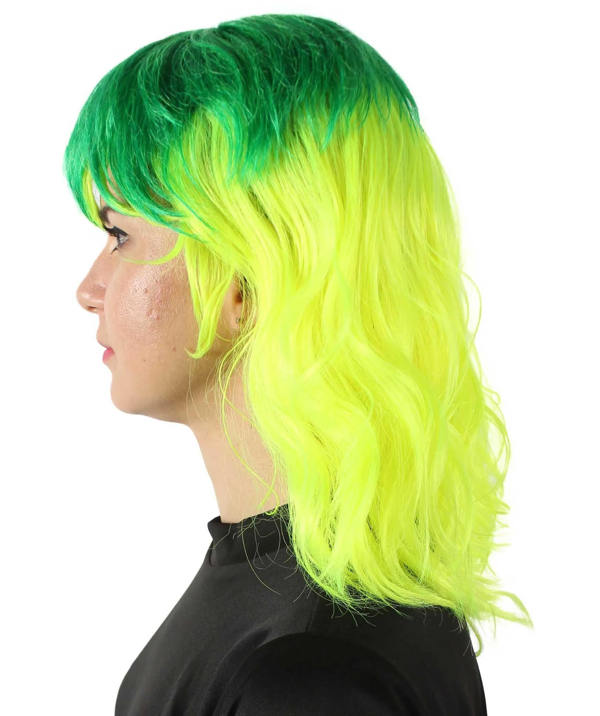 HPO Adult Women’s  Dark and Bright Lime Green Choppy 80's Mullet Wig | Perfect for your Halloween & Cosplay Party!