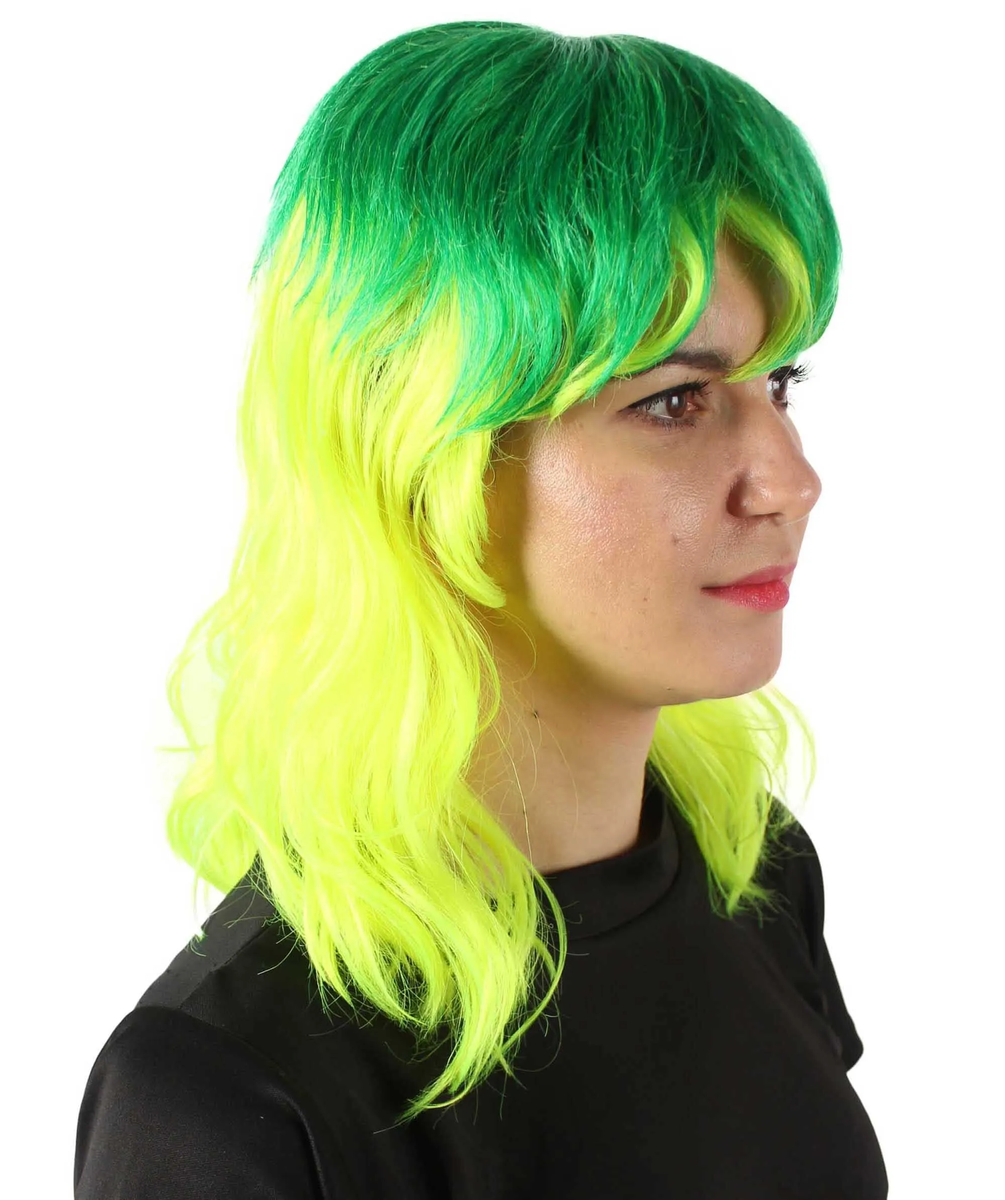 HPO Adult Women’s  Dark and Bright Lime Green Choppy 80's Mullet Wig | Perfect for your Halloween & Cosplay Party!
