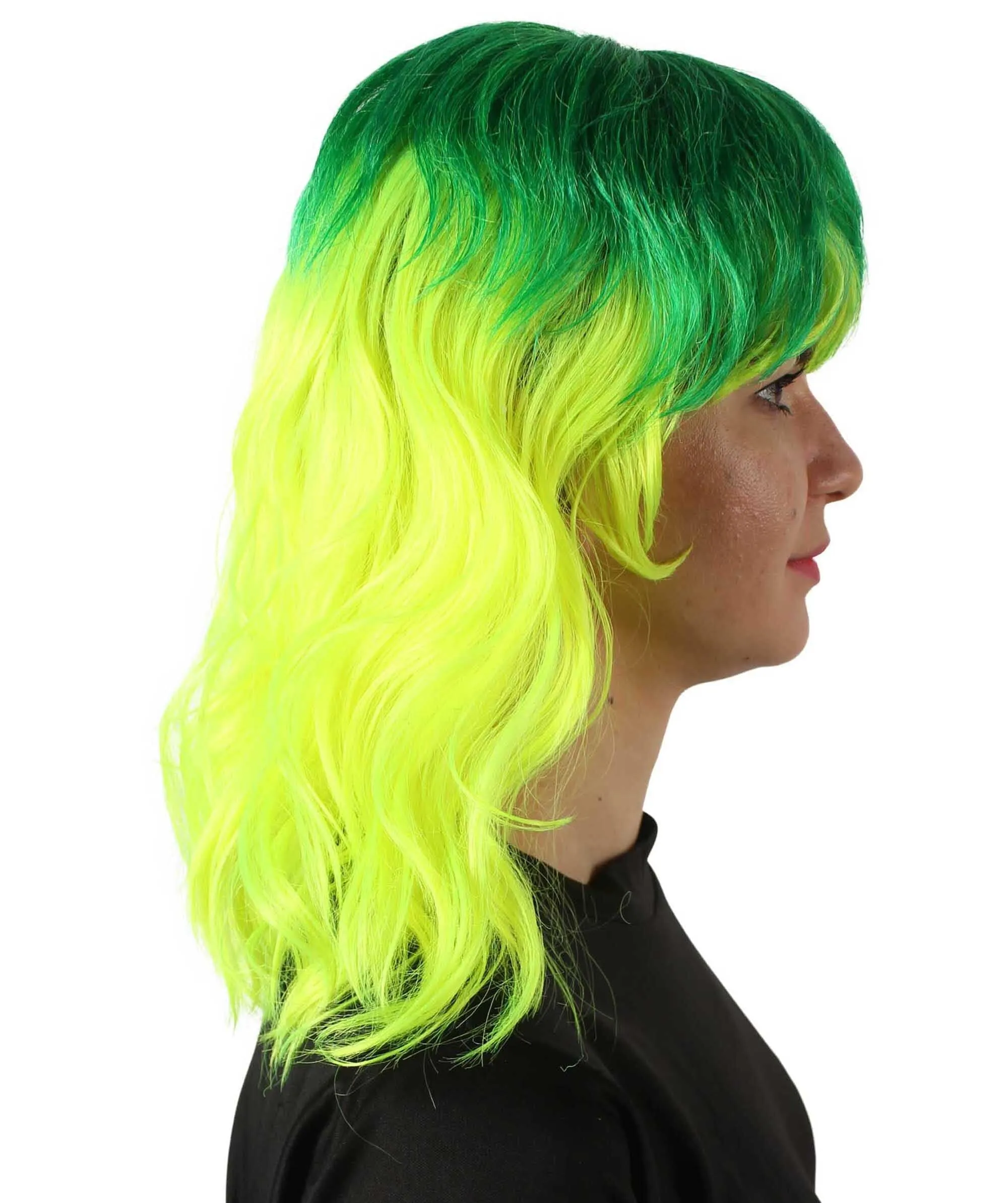 HPO Adult Women’s  Dark and Bright Lime Green Choppy 80's Mullet Wig | Perfect for your Halloween & Cosplay Party!