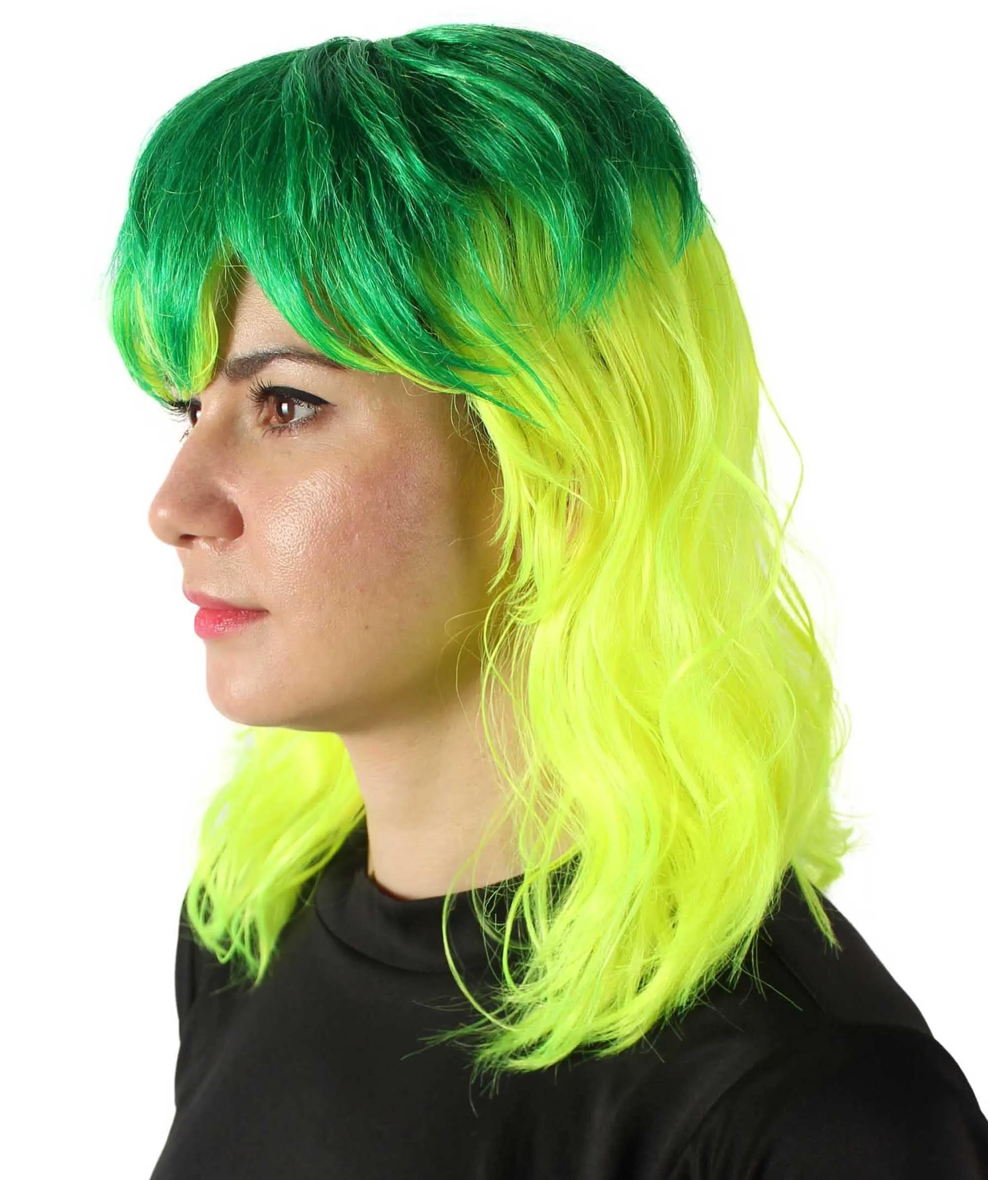 HPO Adult Women’s  Dark and Bright Lime Green Choppy 80's Mullet Wig | Perfect for your Halloween & Cosplay Party!