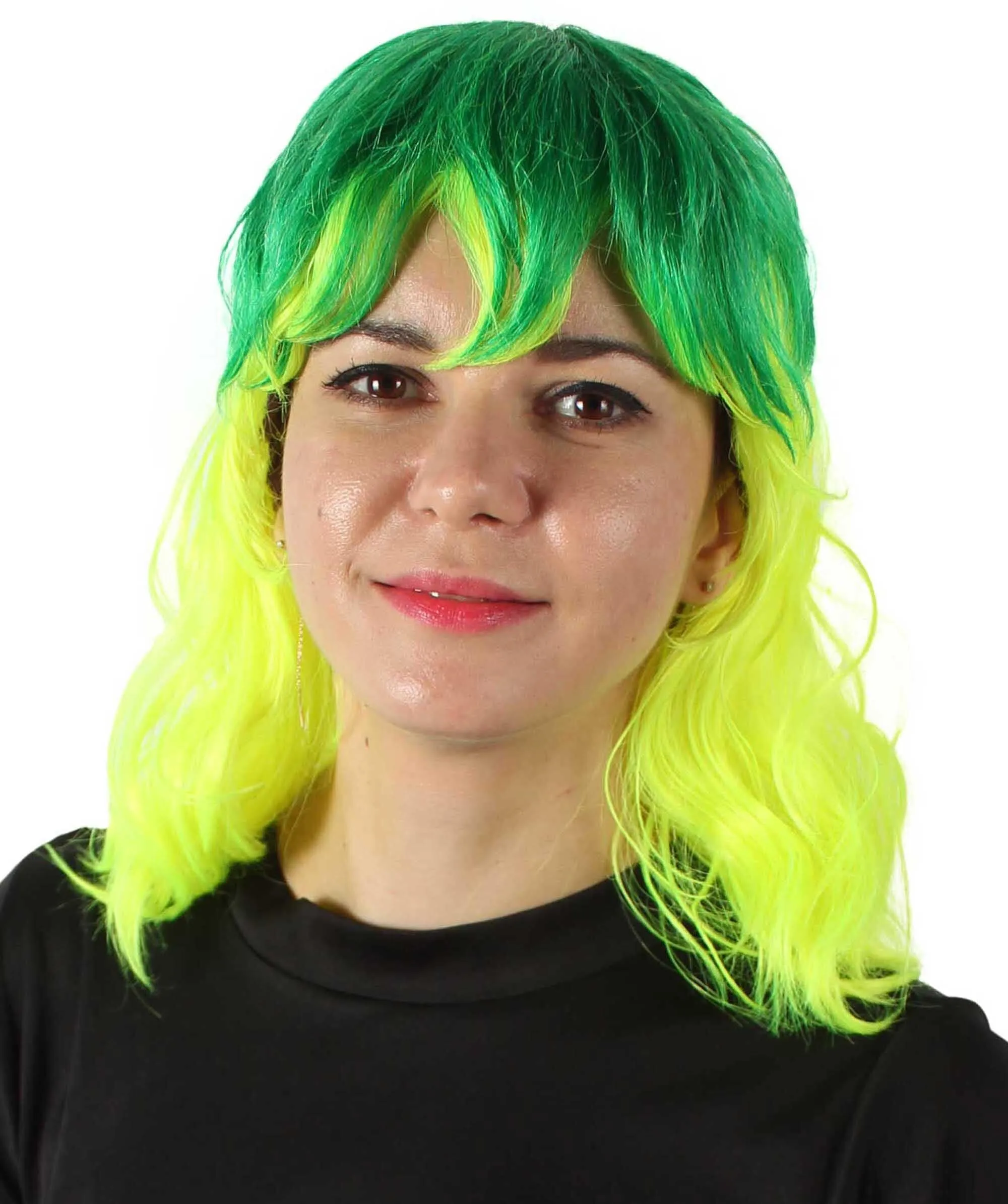 HPO Adult Women’s  Dark and Bright Lime Green Choppy 80's Mullet Wig | Perfect for your Halloween & Cosplay Party!