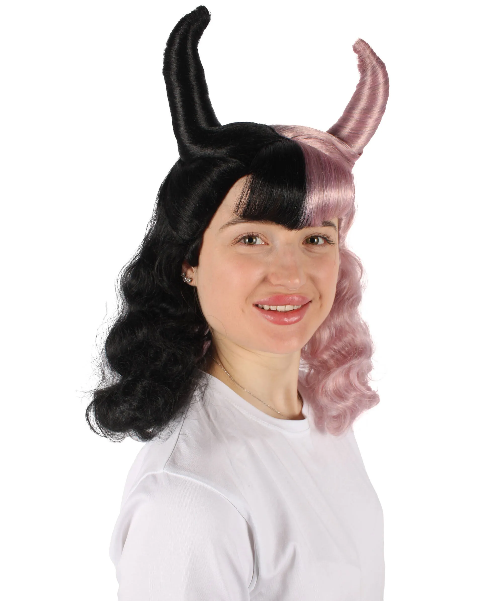 HPO Adult Women’s Double-toned Ghostly Black and Pink Wig with Horns I Capless Cap Design I Flame-retardant Synthetic Fiber