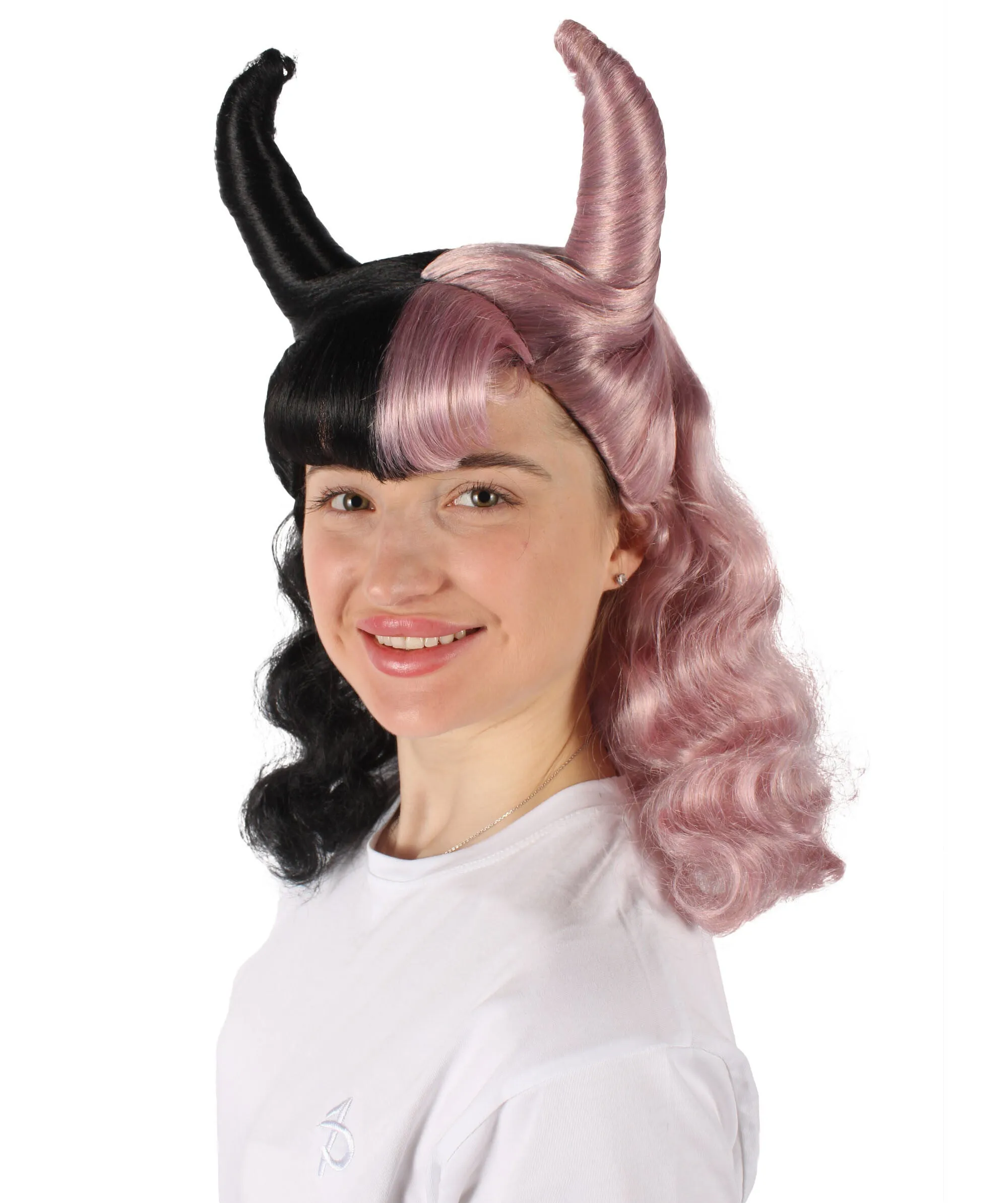 HPO Adult Women’s Double-toned Ghostly Black and Pink Wig with Horns I Capless Cap Design I Flame-retardant Synthetic Fiber
