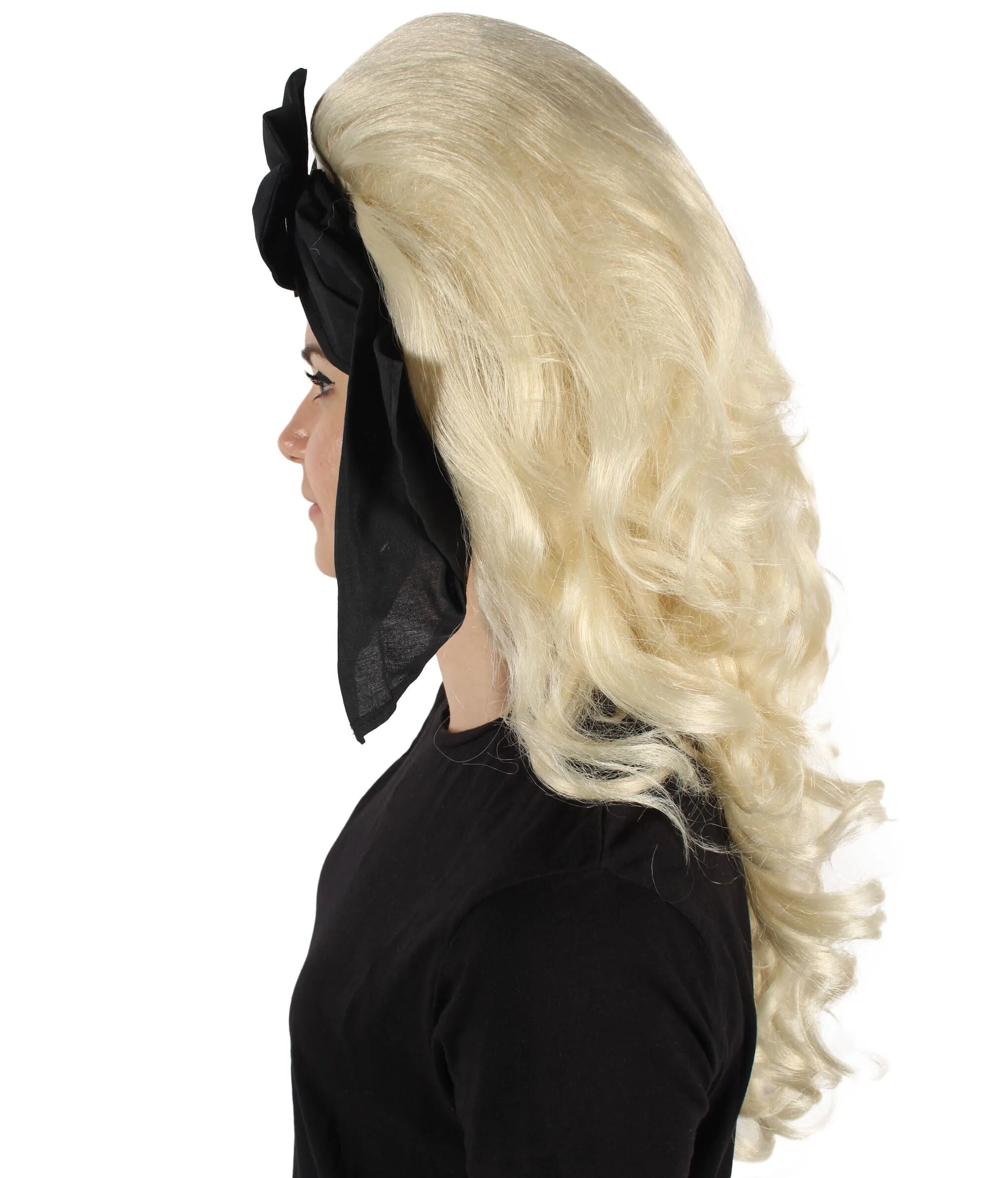 HPO Adult Women’s English Drag Queen Blonde Wig with Black Hair Bow |  Capless Cap Design | Flame-retardant Synthetic Fiber