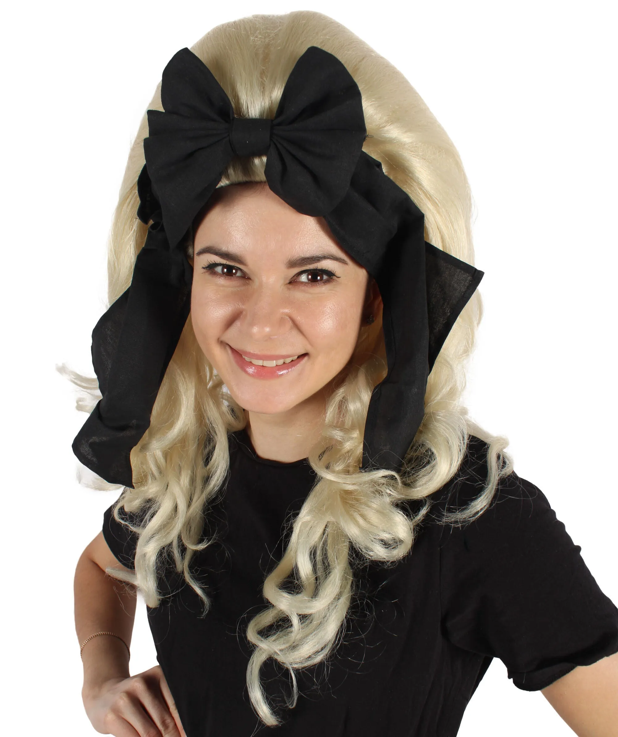 HPO Adult Women’s English Drag Queen Blonde Wig with Black Hair Bow |  Capless Cap Design | Flame-retardant Synthetic Fiber