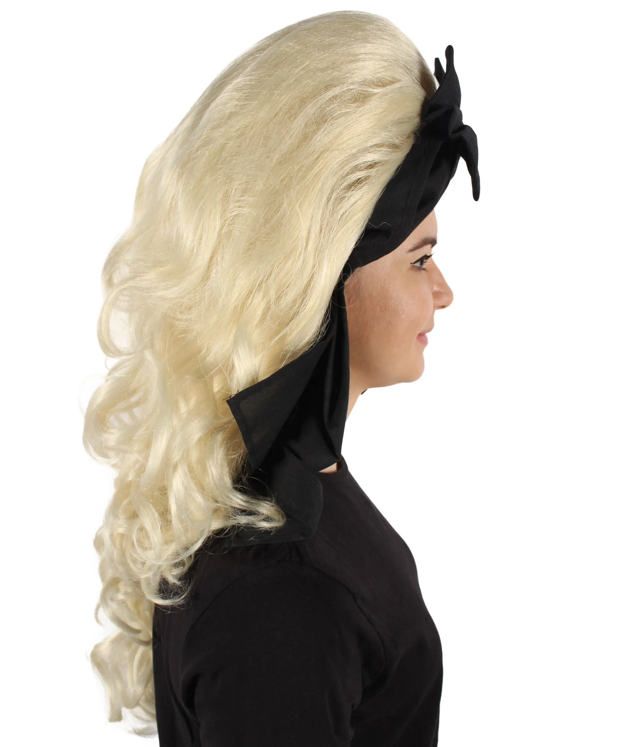 HPO Adult Women’s English Drag Queen Blonde Wig with Black Hair Bow |  Capless Cap Design | Flame-retardant Synthetic Fiber