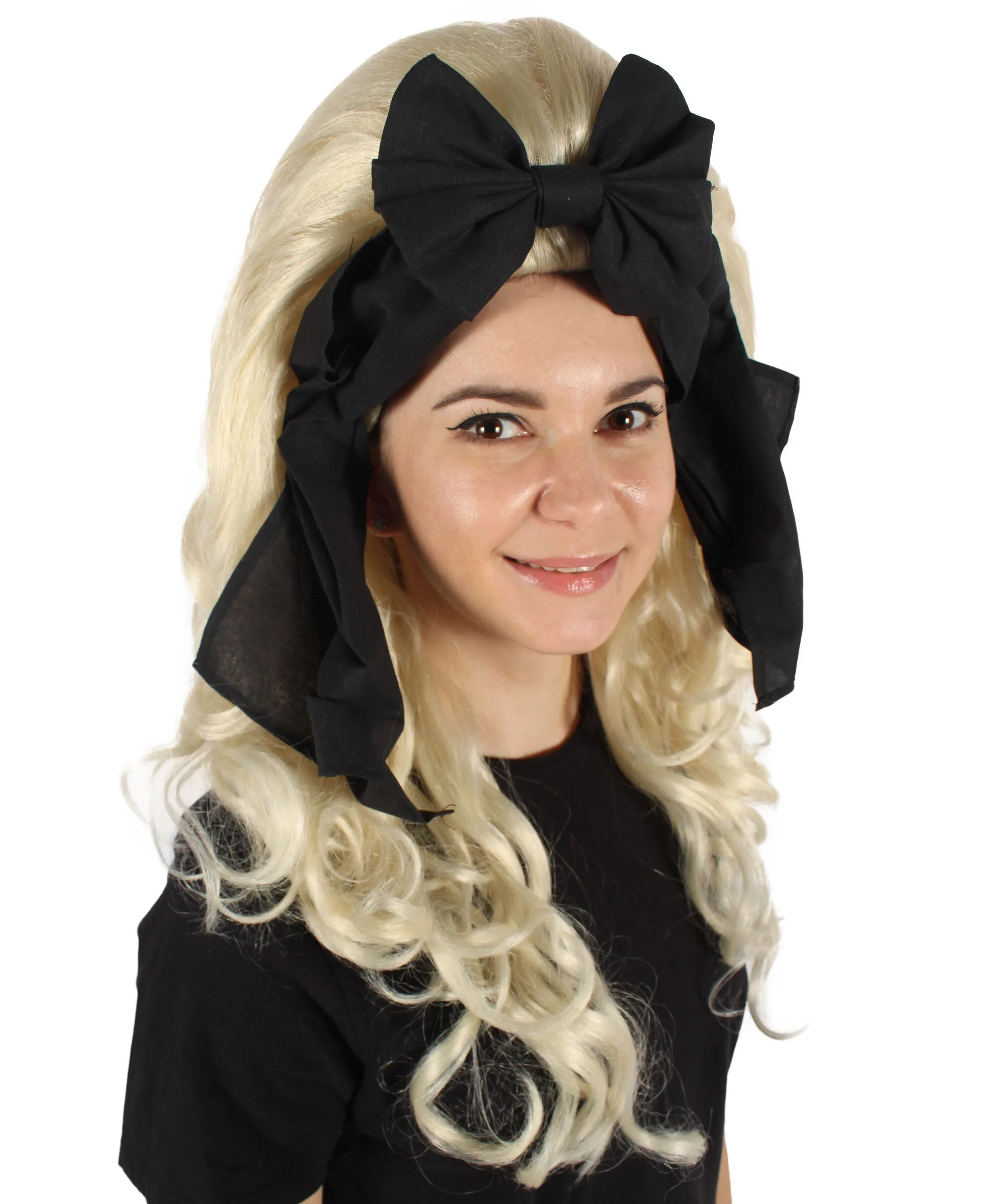 HPO Adult Women’s English Drag Queen Blonde Wig with Black Hair Bow |  Capless Cap Design | Flame-retardant Synthetic Fiber