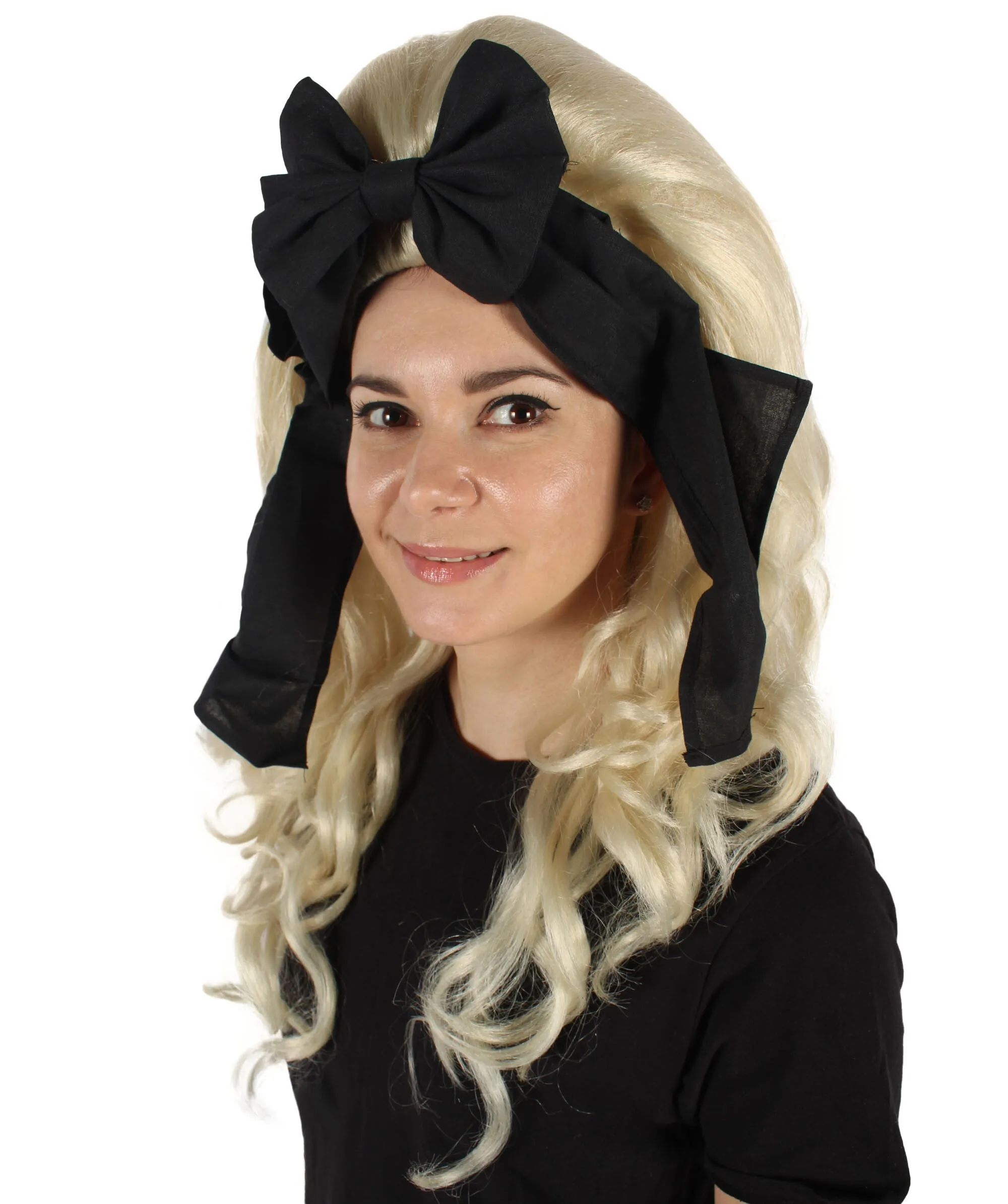 HPO Adult Women’s English Drag Queen Blonde Wig with Black Hair Bow |  Capless Cap Design | Flame-retardant Synthetic Fiber