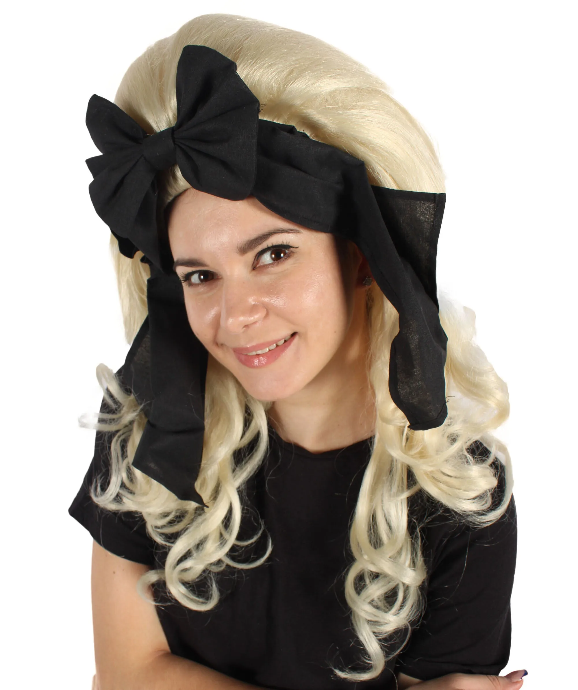 HPO Adult Women’s English Drag Queen Blonde Wig with Black Hair Bow |  Capless Cap Design | Flame-retardant Synthetic Fiber