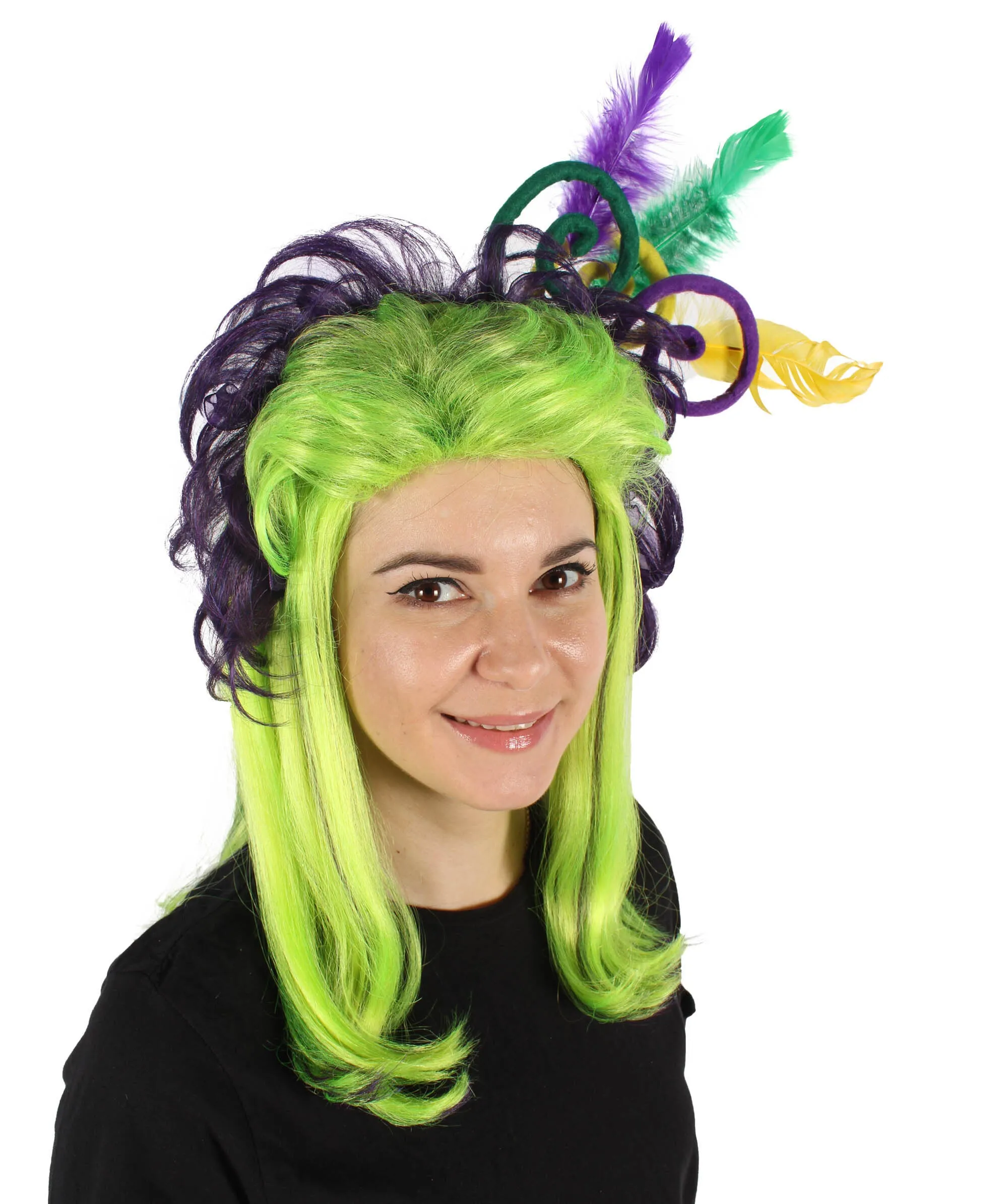 HPO Adult Women's Fluorescent Green Long Wig, Perfect for Halloween, Flame-retardant Synthetic Fiber