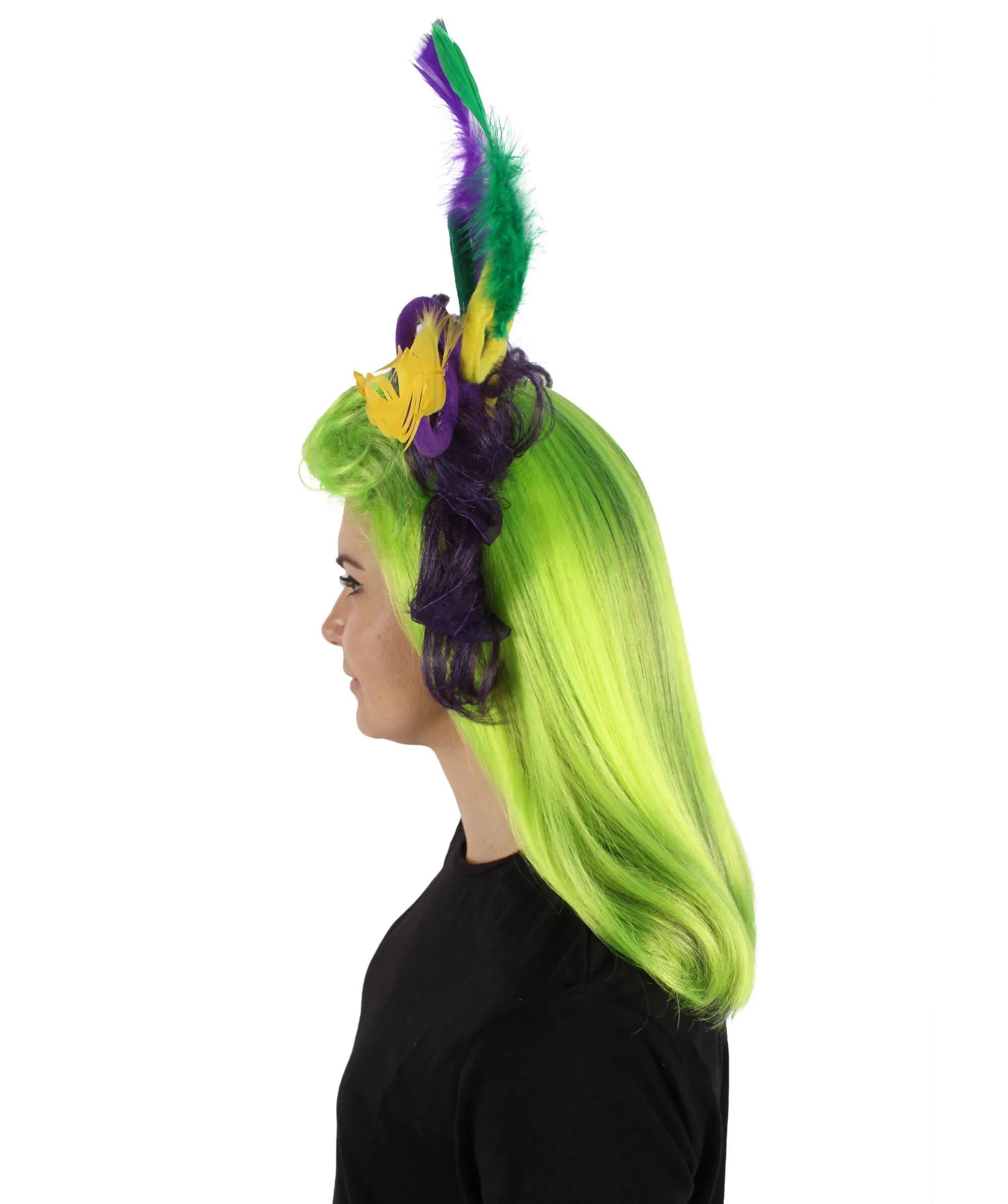 HPO Adult Women's Fluorescent Green Long Wig, Perfect for Halloween, Flame-retardant Synthetic Fiber
