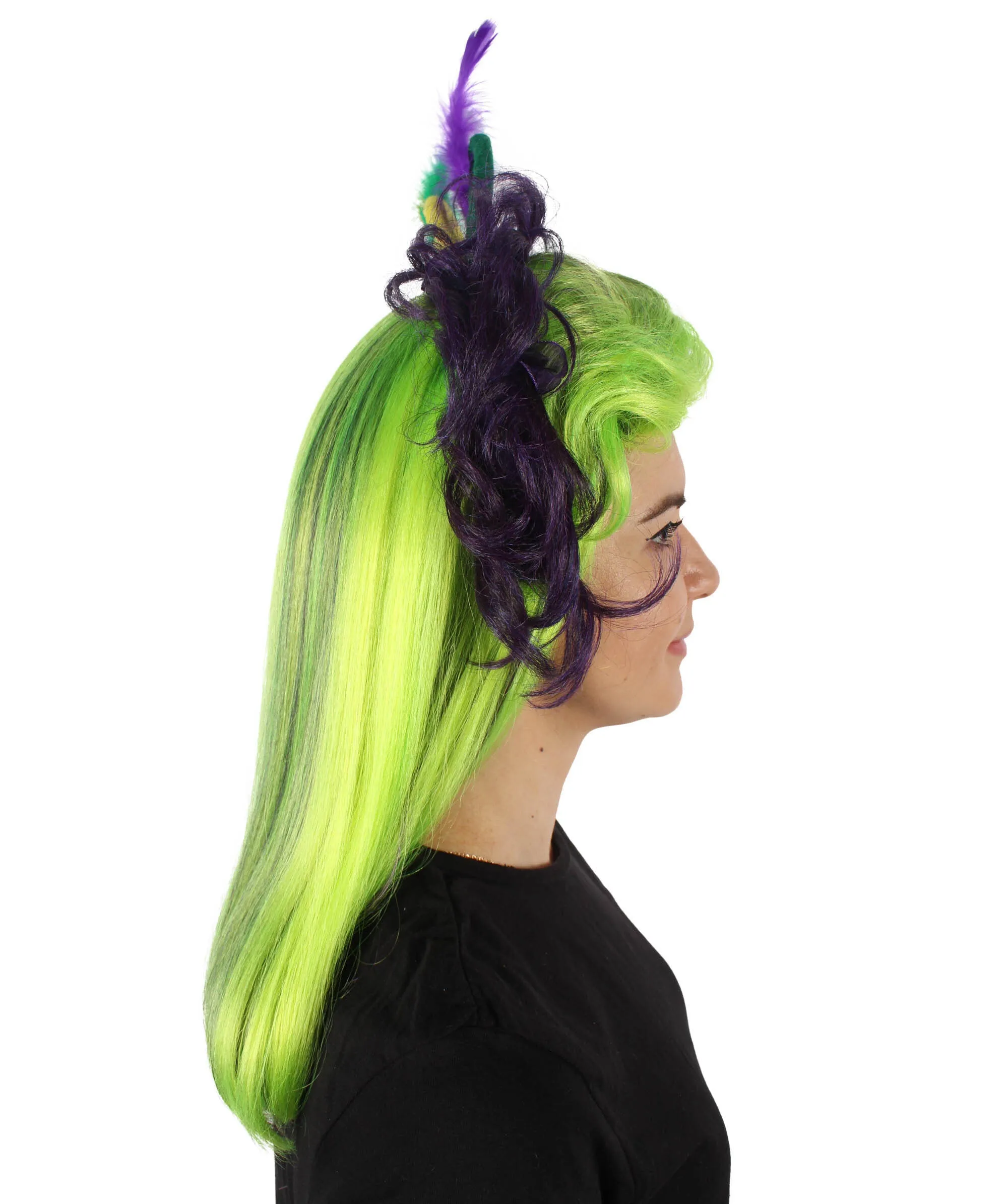 HPO Adult Women's Fluorescent Green Long Wig, Perfect for Halloween, Flame-retardant Synthetic Fiber