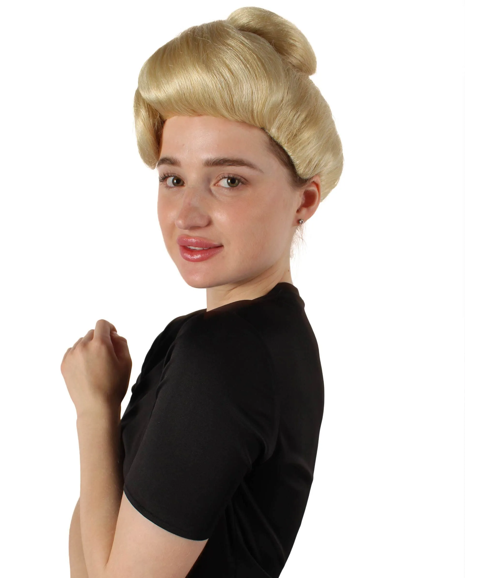 HPO Adult Women’s Popstar  Platinum Blonde Wavy Bun Wig | Perfect for your Halloween & Cosplay Party!