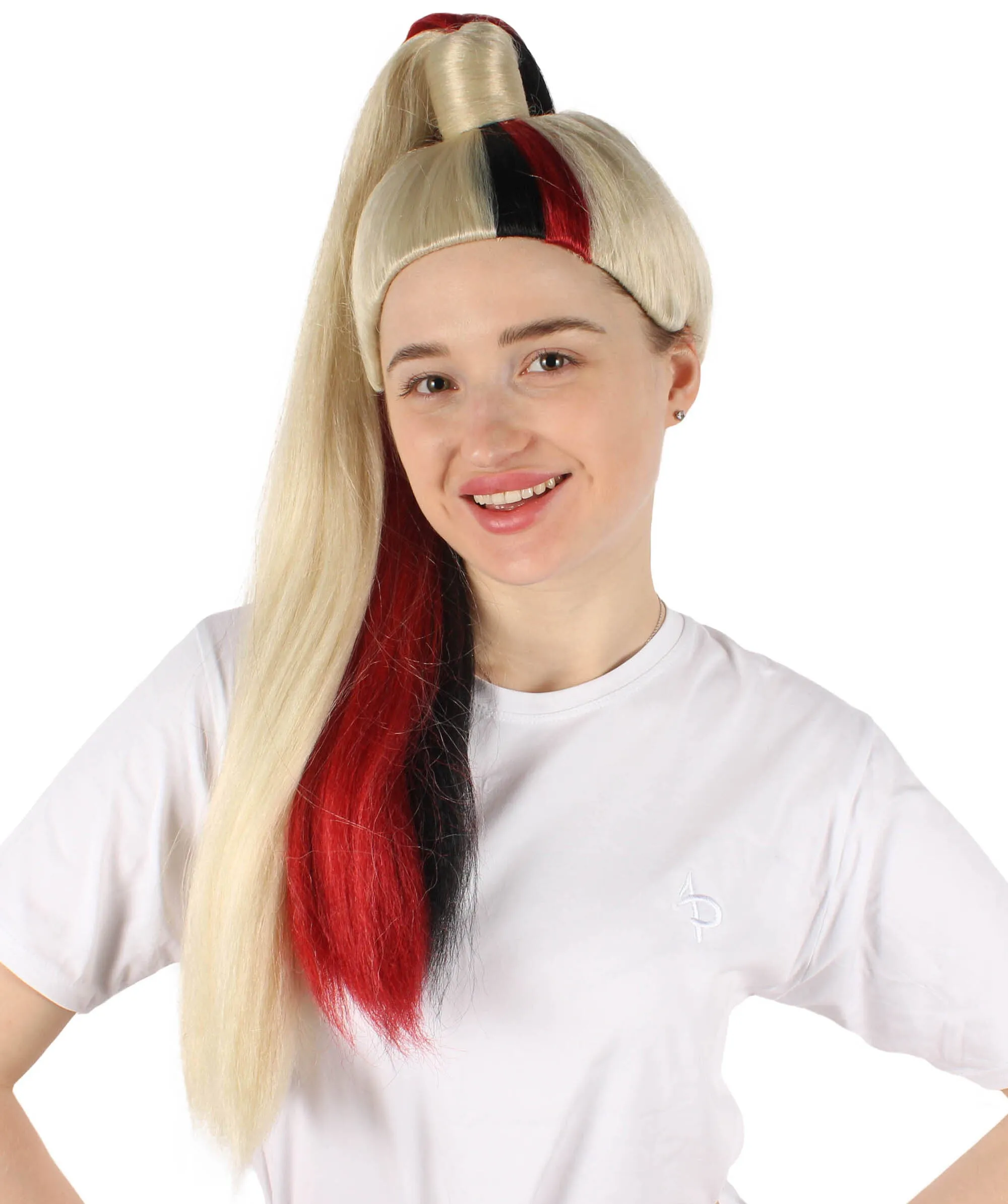 HPO Adult Women's Red and Blonde Long Two Tone Wig | Perfect for Cosplay | Flame-retardant Synthetic Fiber