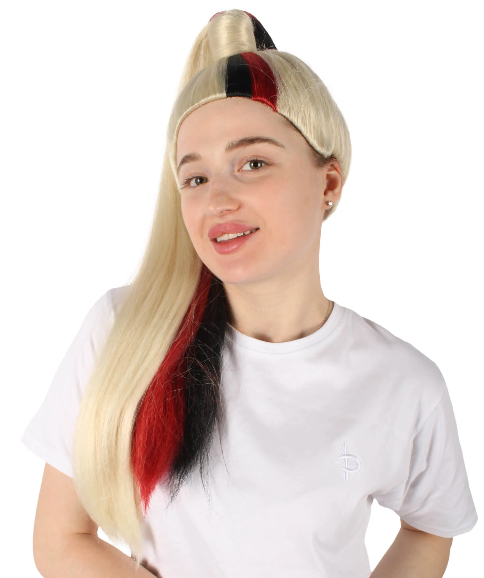 HPO Adult Women's Red and Blonde Long Two Tone Wig | Perfect for Cosplay | Flame-retardant Synthetic Fiber