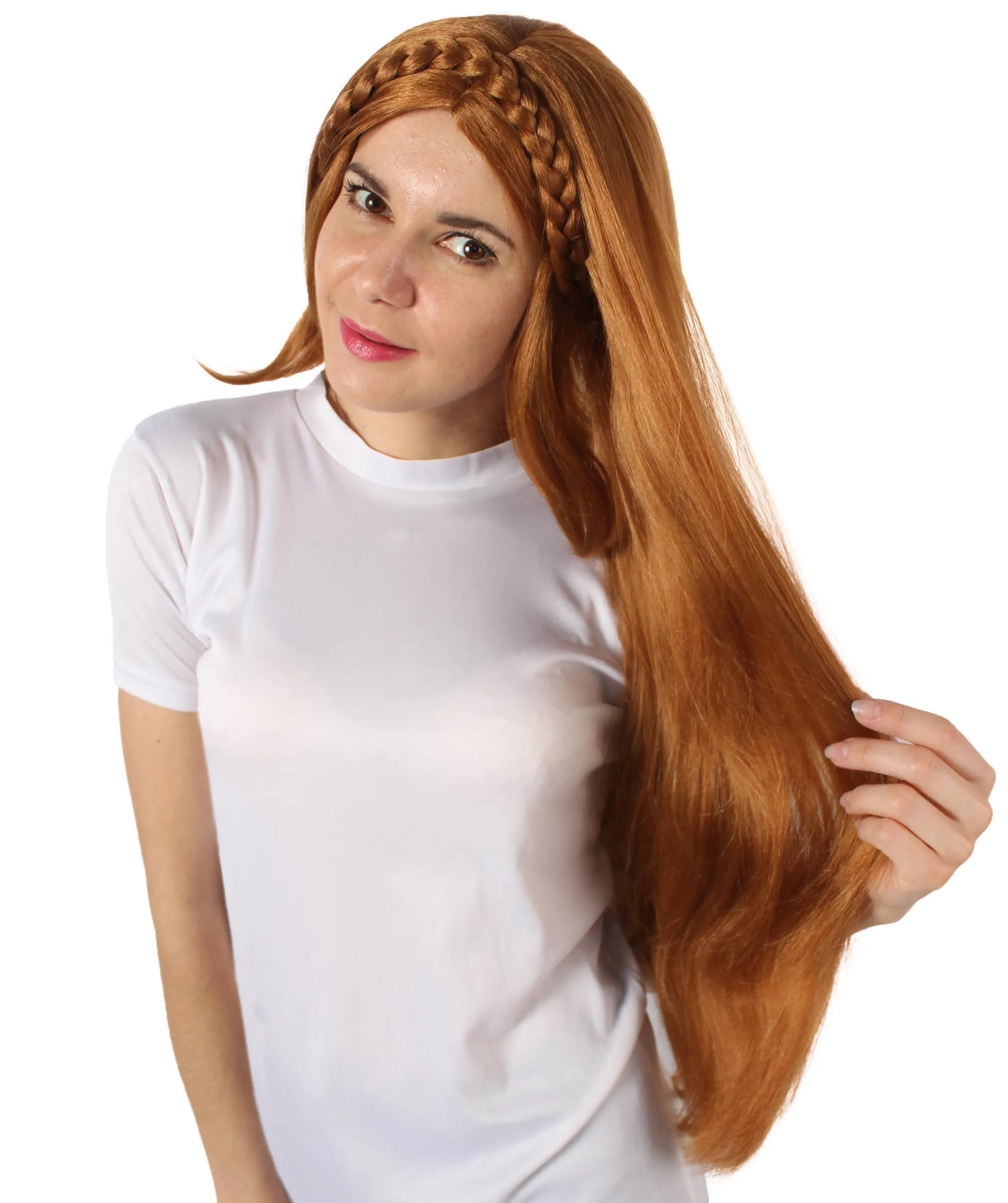 HPO Adult Women's Video Game Pointy Ears Princess Brown Wig with Woven Braids