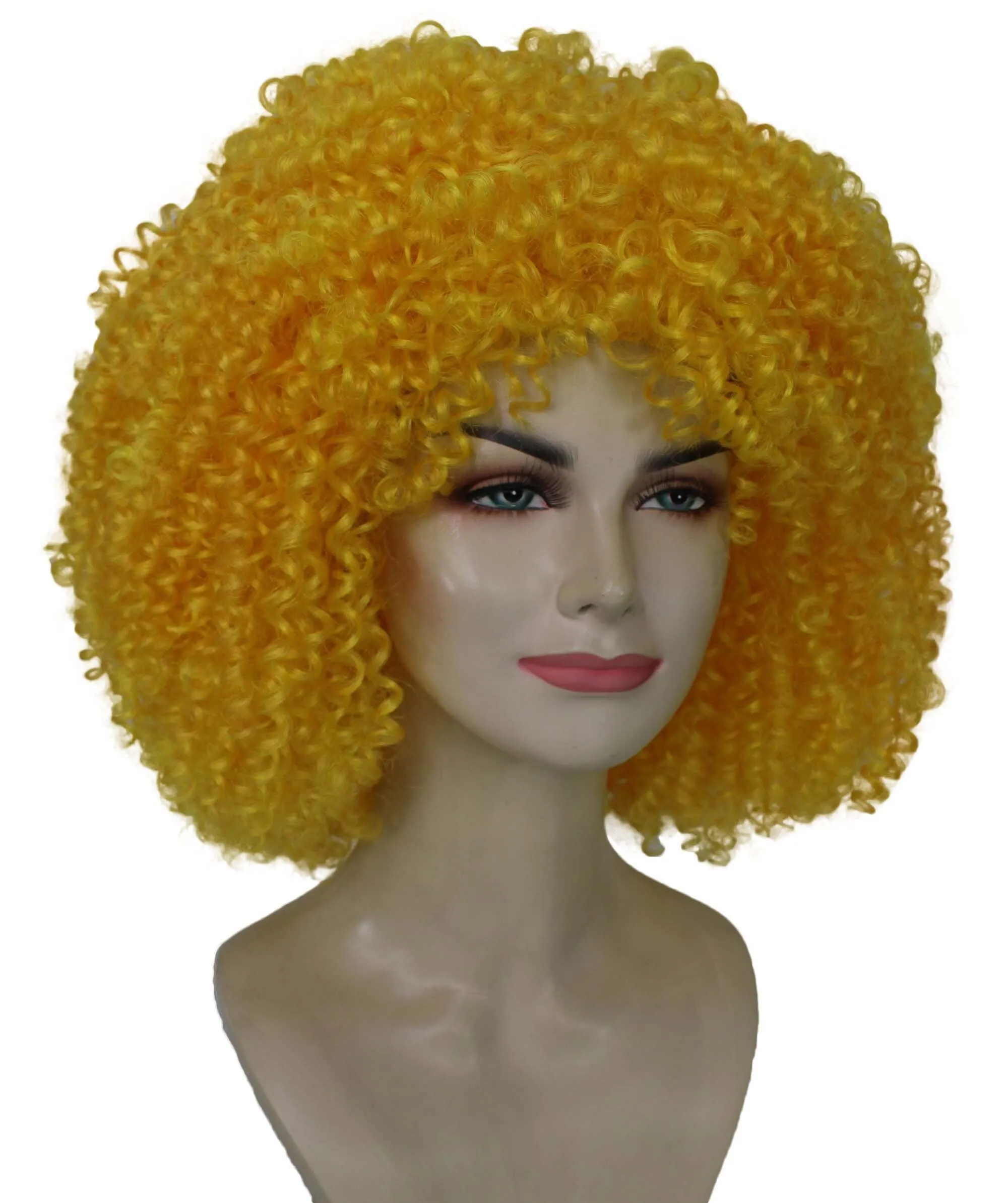 HPO Adult Women's Yellow Afro Kinky Curly American Drag Wig| Perfect for Cosplay| Flame-retardant Synthetic Fiber