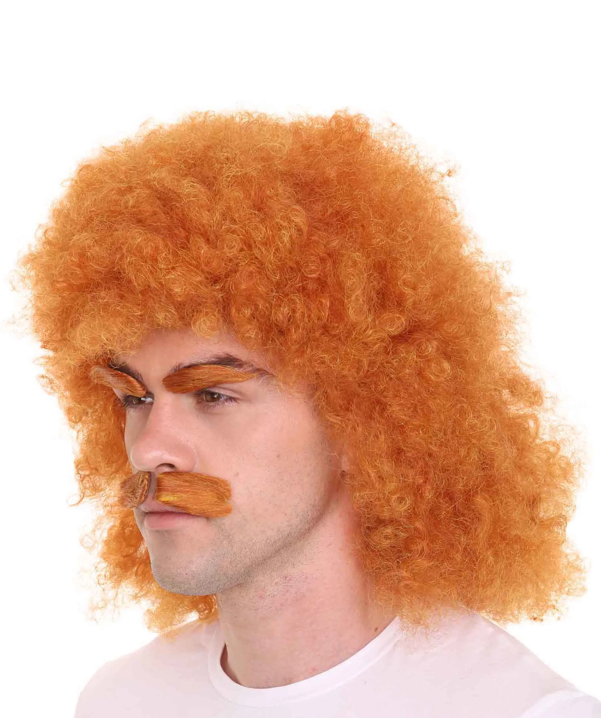 HPO | Hot Dog Dude | Orange Afro Wig with Eyebrows and Moustache Set