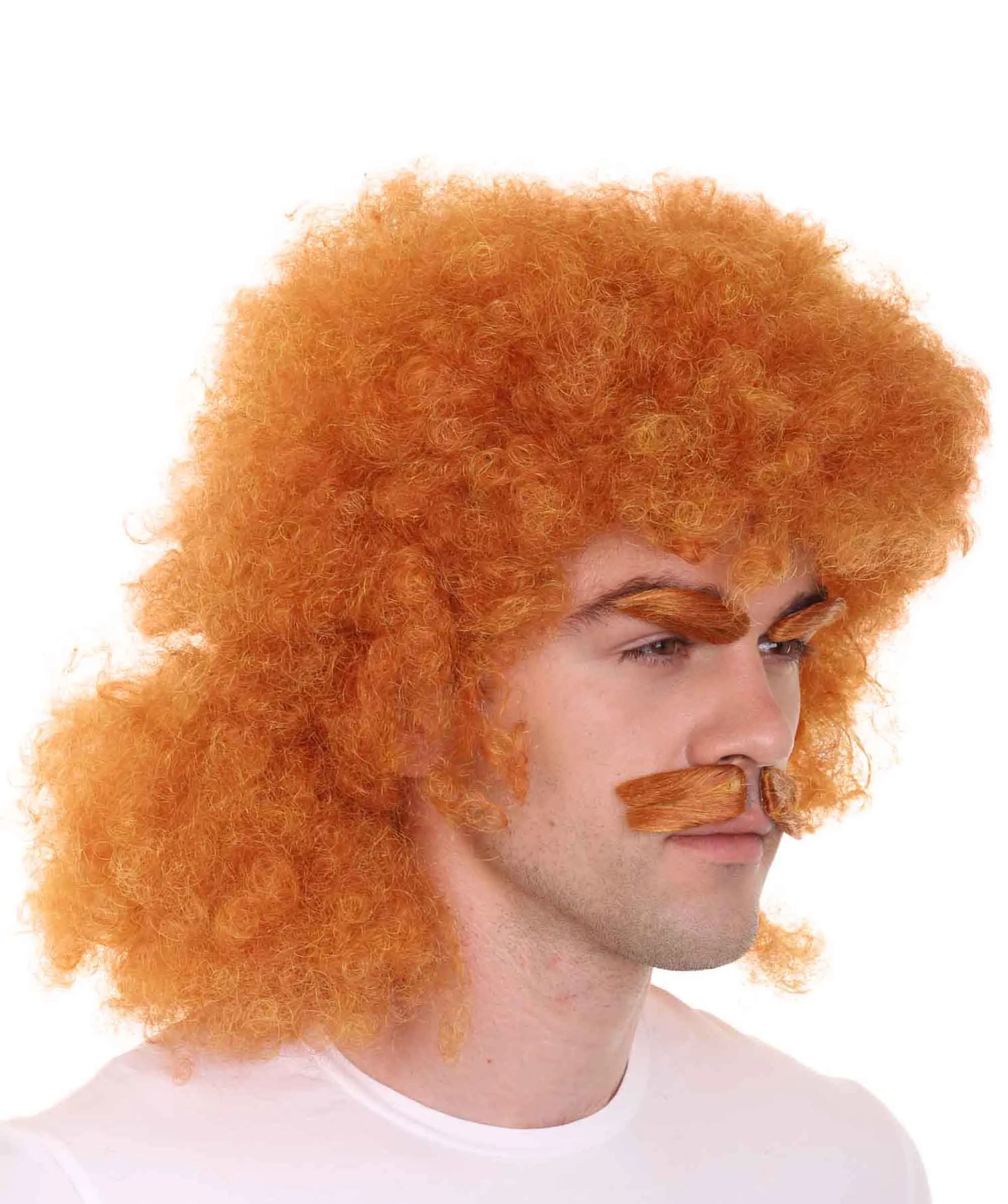 HPO | Hot Dog Dude | Orange Afro Wig with Eyebrows and Moustache Set