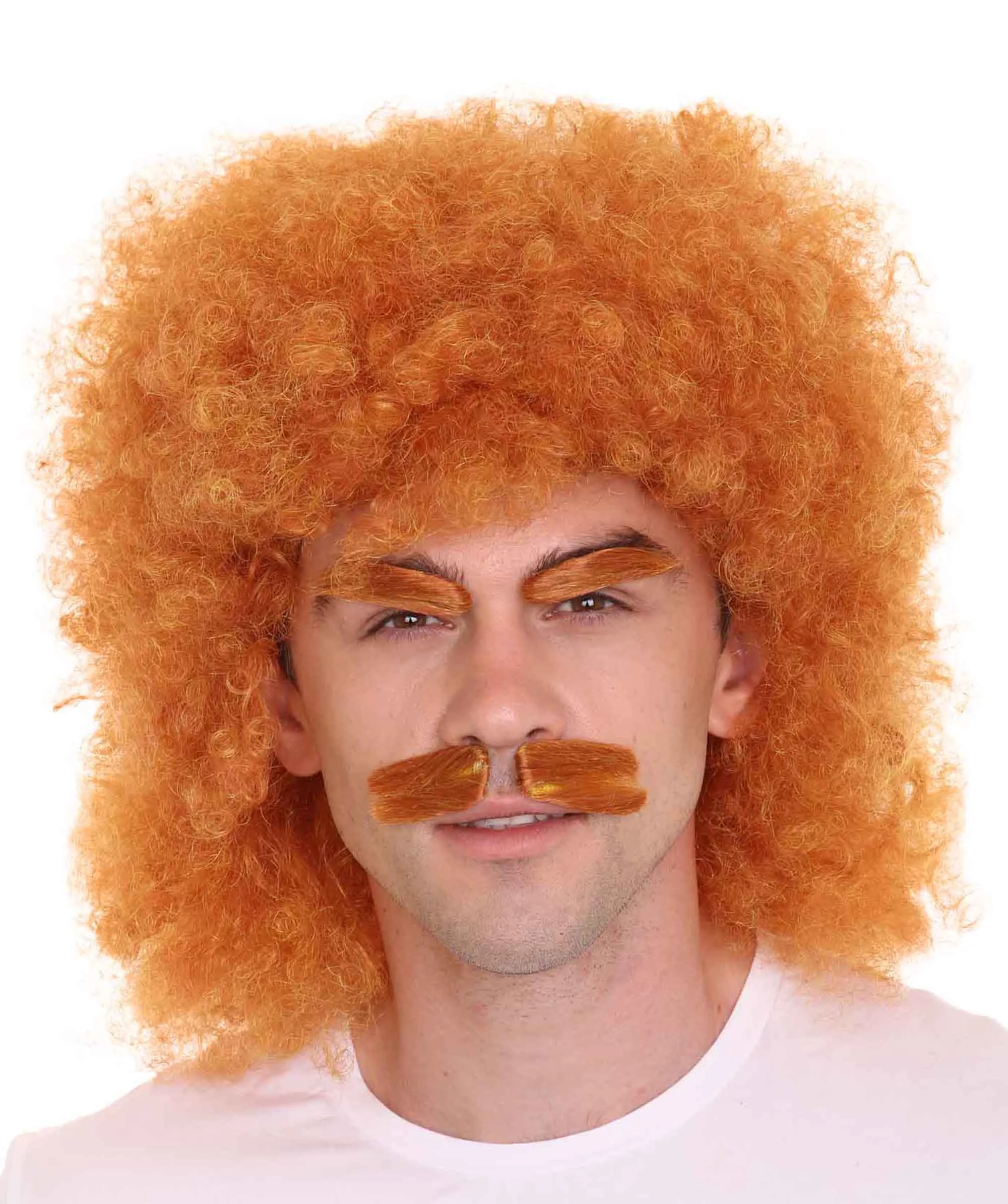 HPO | Hot Dog Dude | Orange Afro Wig with Eyebrows and Moustache Set