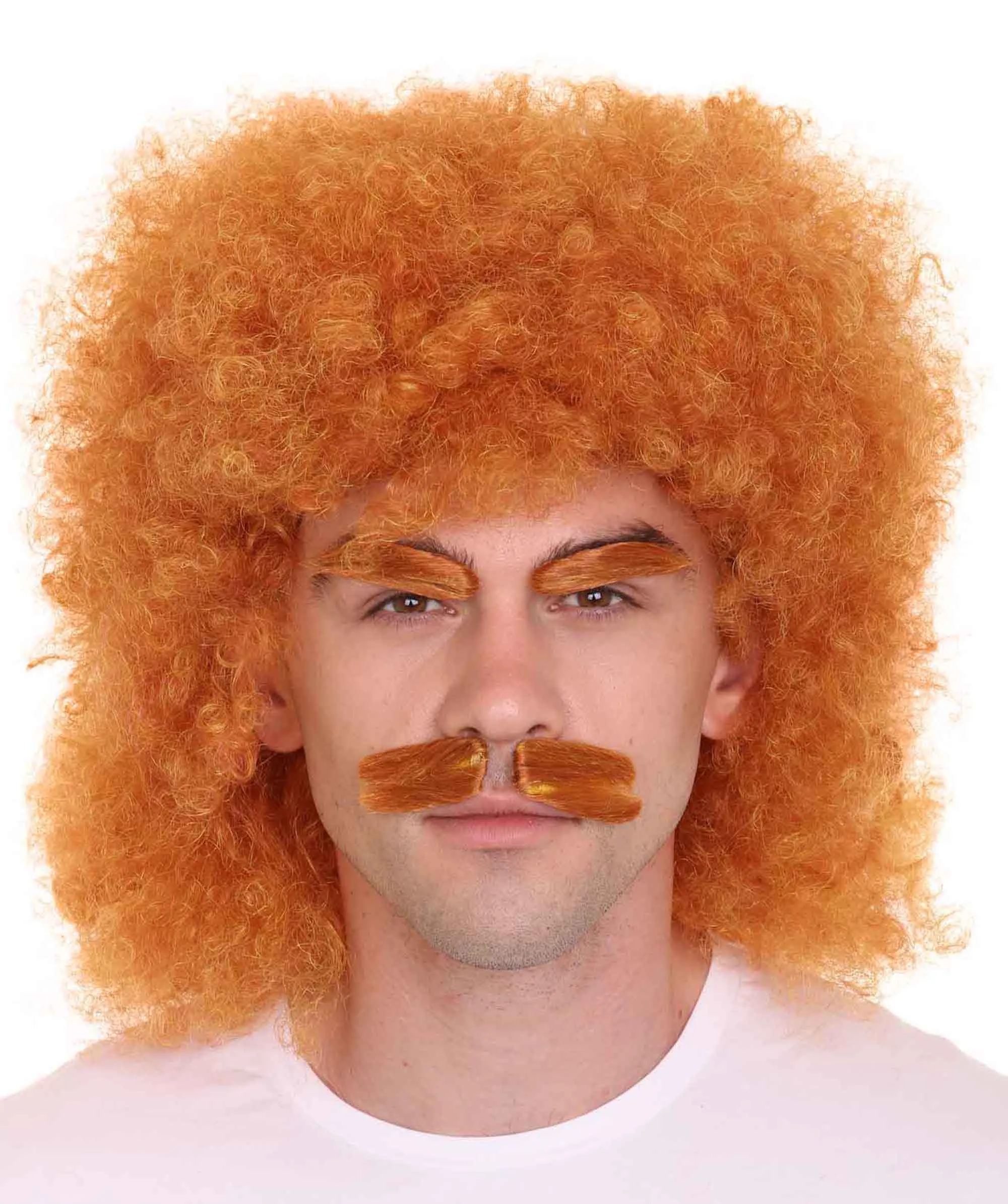 HPO | Hot Dog Dude | Orange Afro Wig with Eyebrows and Moustache Set