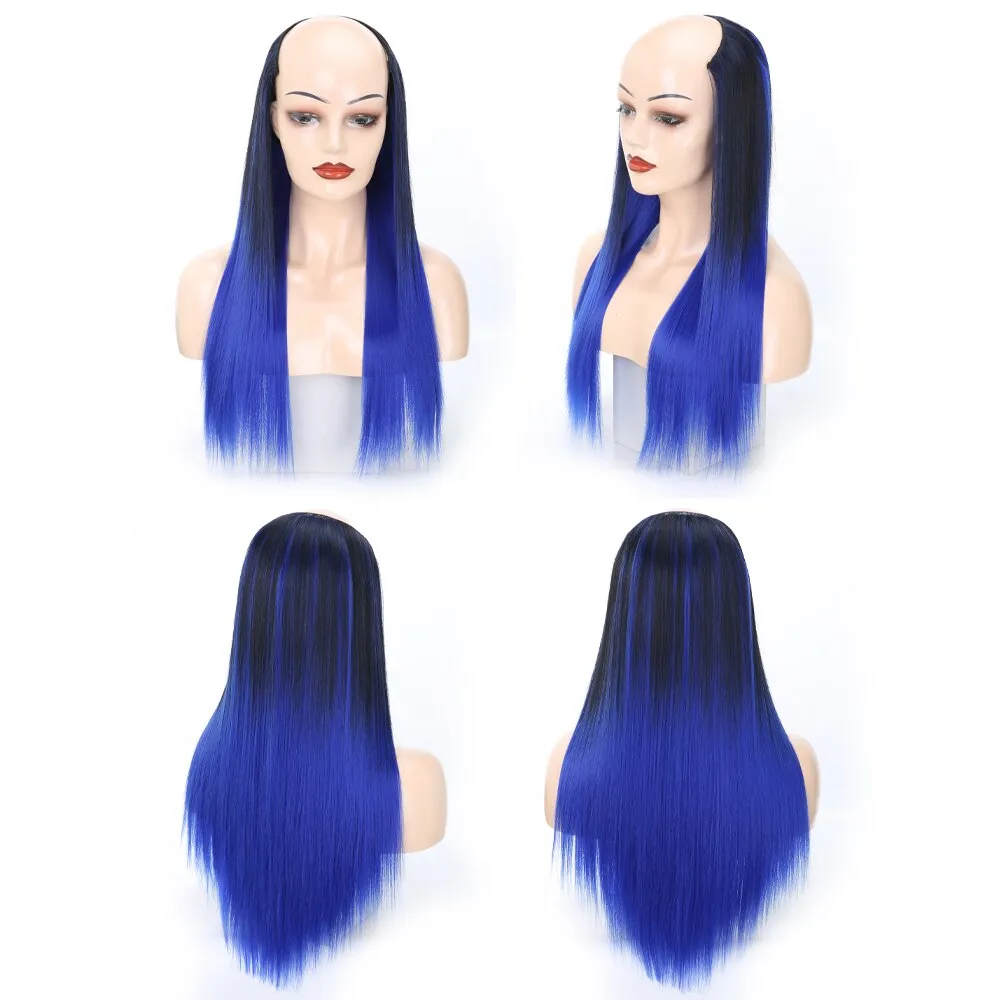 Ladies Wig European And American Wig Half  Wig U Straight Long  and Wavy Hair U-shaped Wig Extension Synthetic Hairpiece 24 Inch
