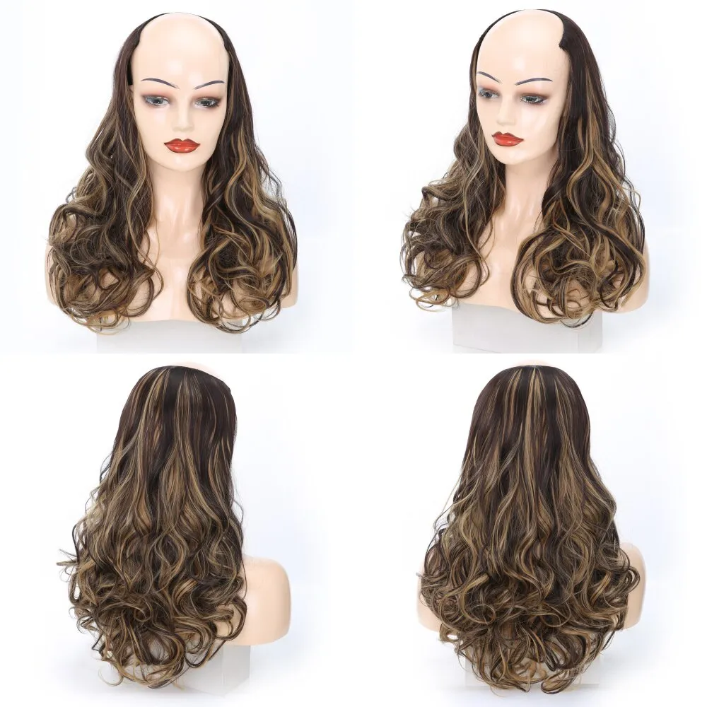 Ladies Wig European And American Wig Half  Wig U Straight Long  and Wavy Hair U-shaped Wig Extension Synthetic Hairpiece 24 Inch