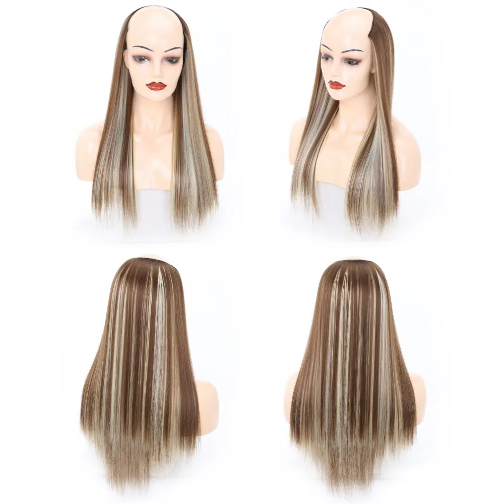 Ladies Wig European And American Wig Half  Wig U Straight Long  and Wavy Hair U-shaped Wig Extension Synthetic Hairpiece 24 Inch