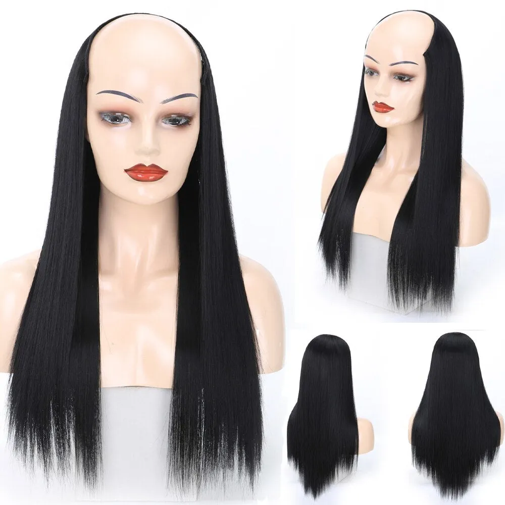 Ladies Wig European And American Wig Half  Wig U Straight Long  and Wavy Hair U-shaped Wig Extension Synthetic Hairpiece 24 Inch