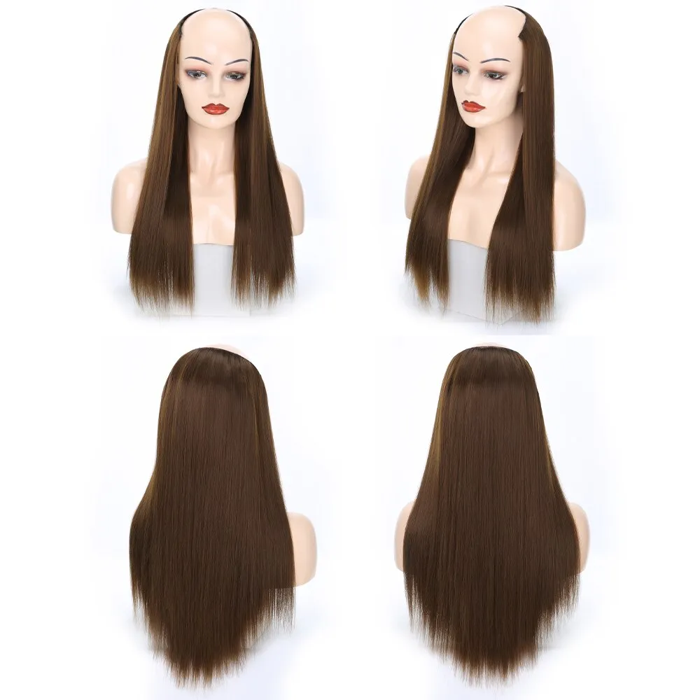 Ladies Wig European And American Wig Half  Wig U Straight Long  and Wavy Hair U-shaped Wig Extension Synthetic Hairpiece 24 Inch