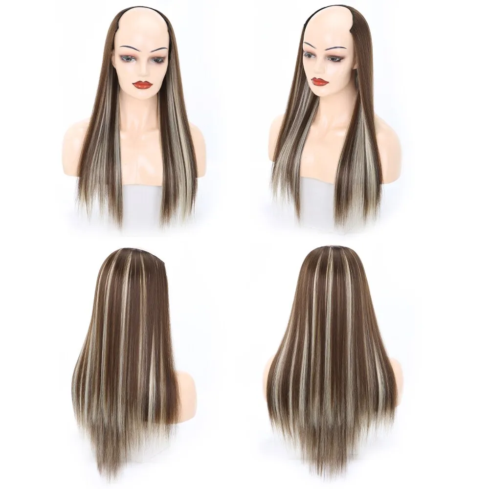 Ladies Wig European And American Wig Half  Wig U Straight Long  and Wavy Hair U-shaped Wig Extension Synthetic Hairpiece 24 Inch