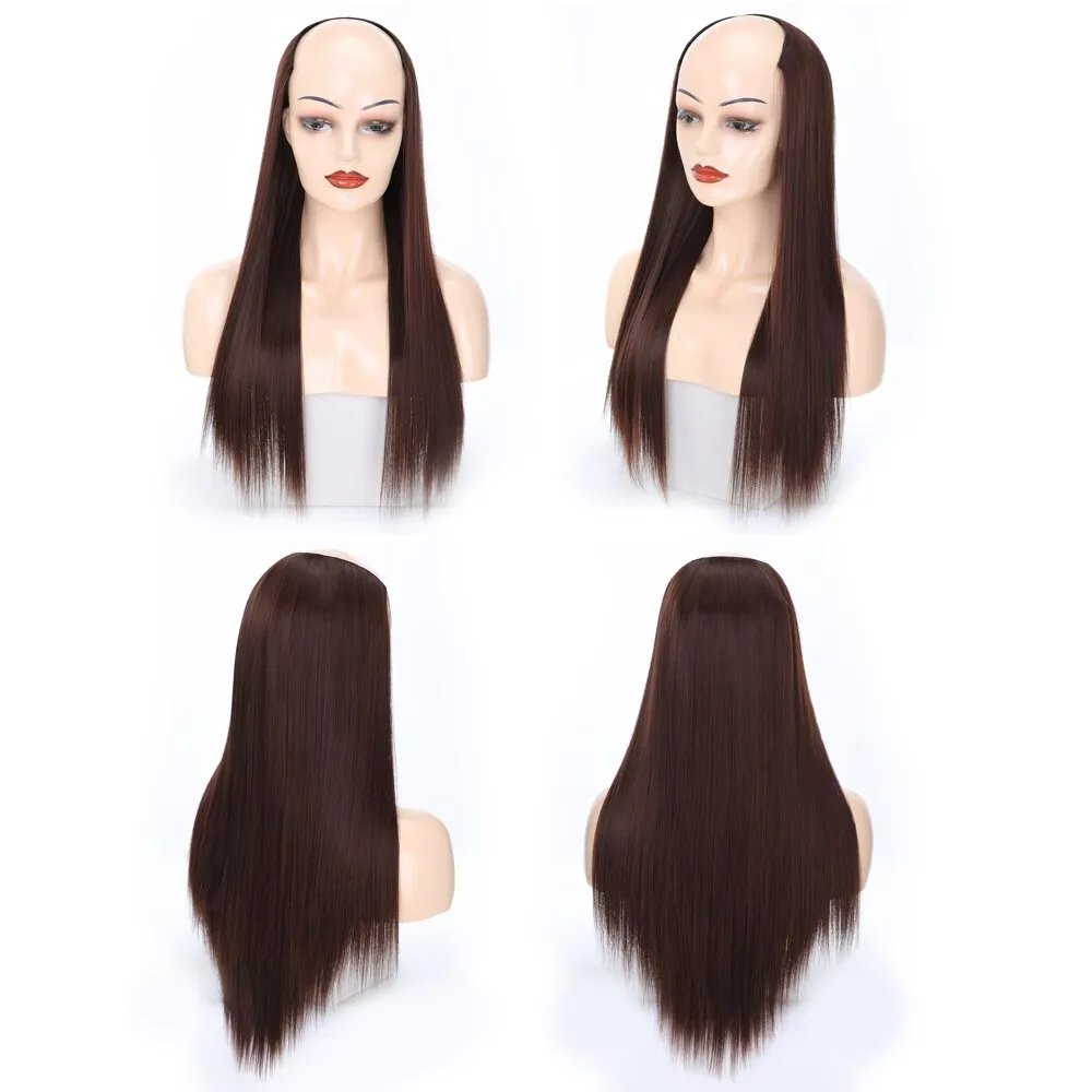 Ladies Wig European And American Wig Half  Wig U Straight Long  and Wavy Hair U-shaped Wig Extension Synthetic Hairpiece 24 Inch