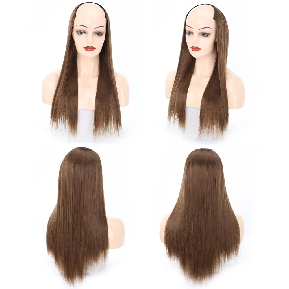 Ladies Wig European And American Wig Half  Wig U Straight Long  and Wavy Hair U-shaped Wig Extension Synthetic Hairpiece 24 Inch