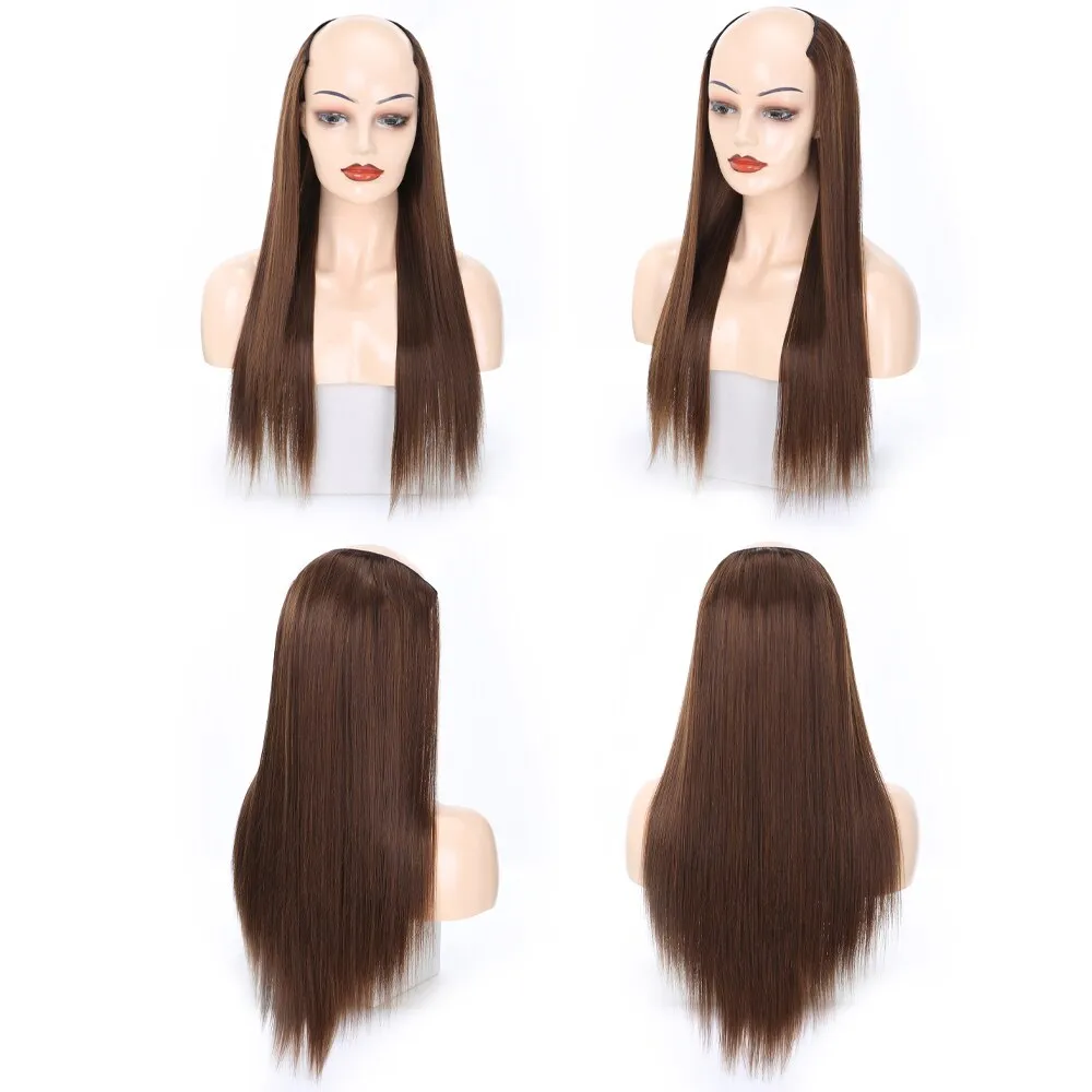 Ladies Wig European And American Wig Half  Wig U Straight Long  and Wavy Hair U-shaped Wig Extension Synthetic Hairpiece 24 Inch