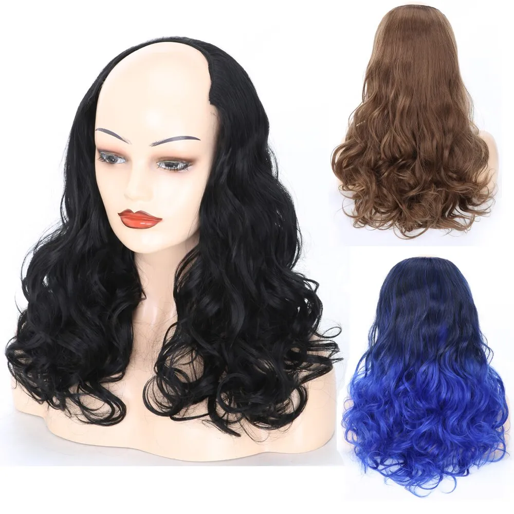 Ladies Wig European And American Wig Half  Wig U Straight Long  and Wavy Hair U-shaped Wig Extension Synthetic Hairpiece 24 Inch