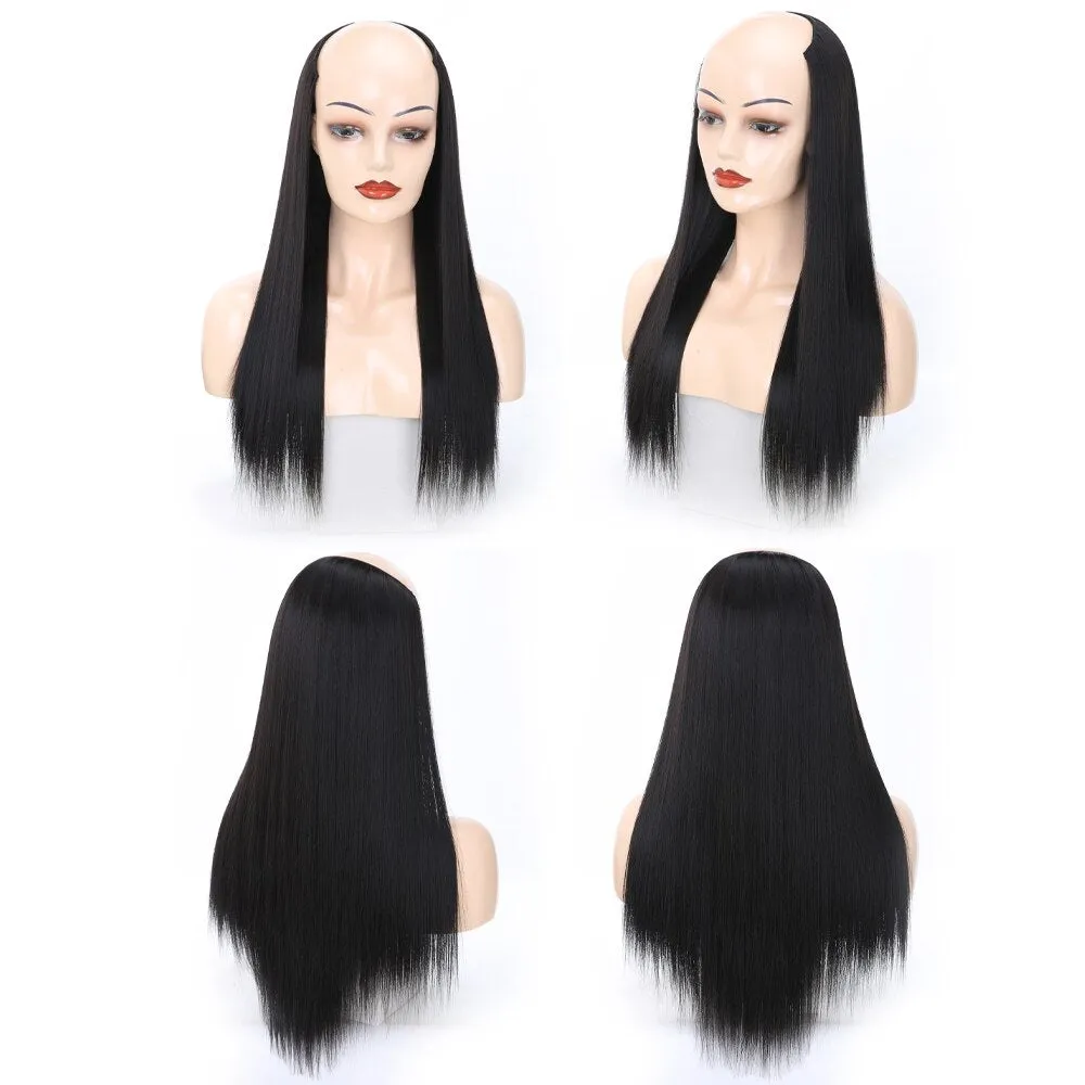 Ladies Wig European And American Wig Half  Wig U Straight Long  and Wavy Hair U-shaped Wig Extension Synthetic Hairpiece 24 Inch