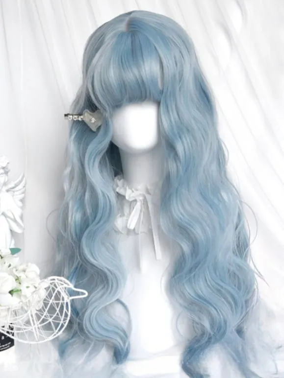 Light Blue Under Bust Length Wavy Wig With Full Bangs